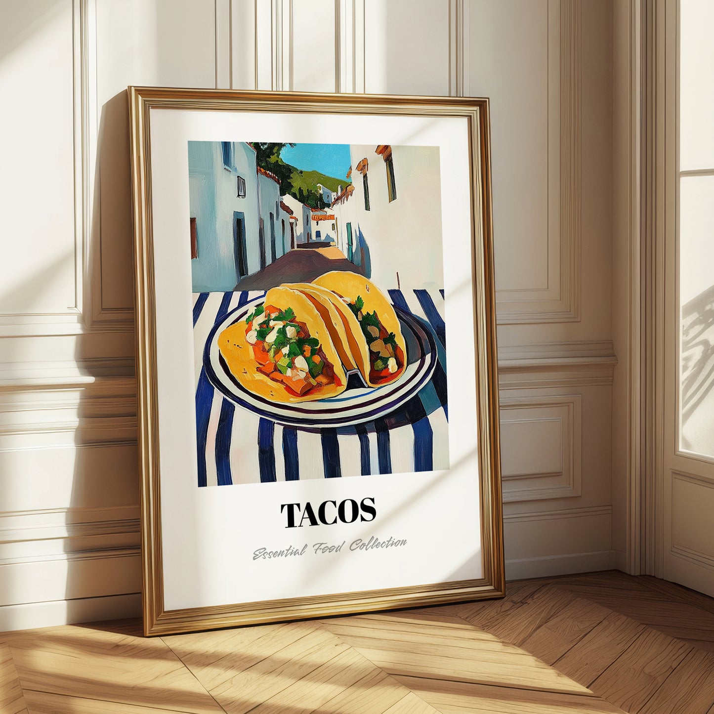 Tacos – White village Outdoor Café Scene, Mexican Food Painting