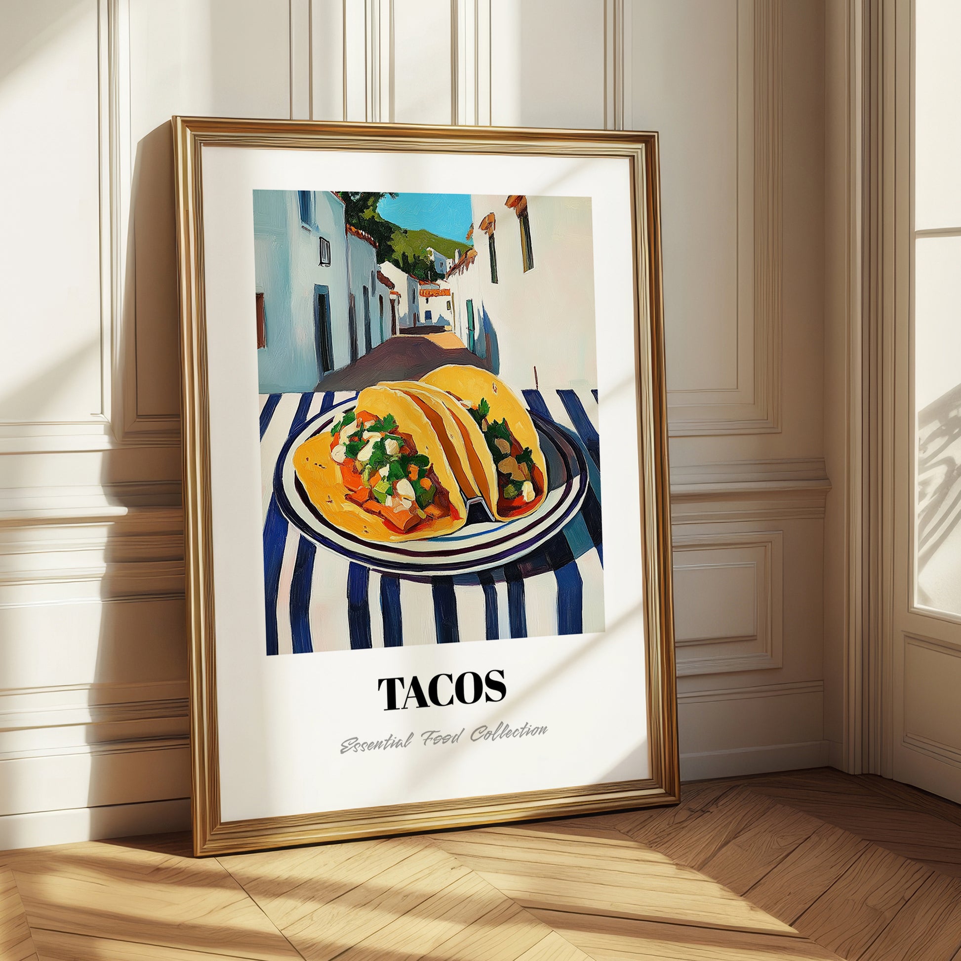 Tacos – White village Outdoor Café Scene, Mexican Food Painting