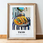 Tacos – White village Outdoor Café Scene, Mexican Food Painting, in wooden frame leaning on the floor