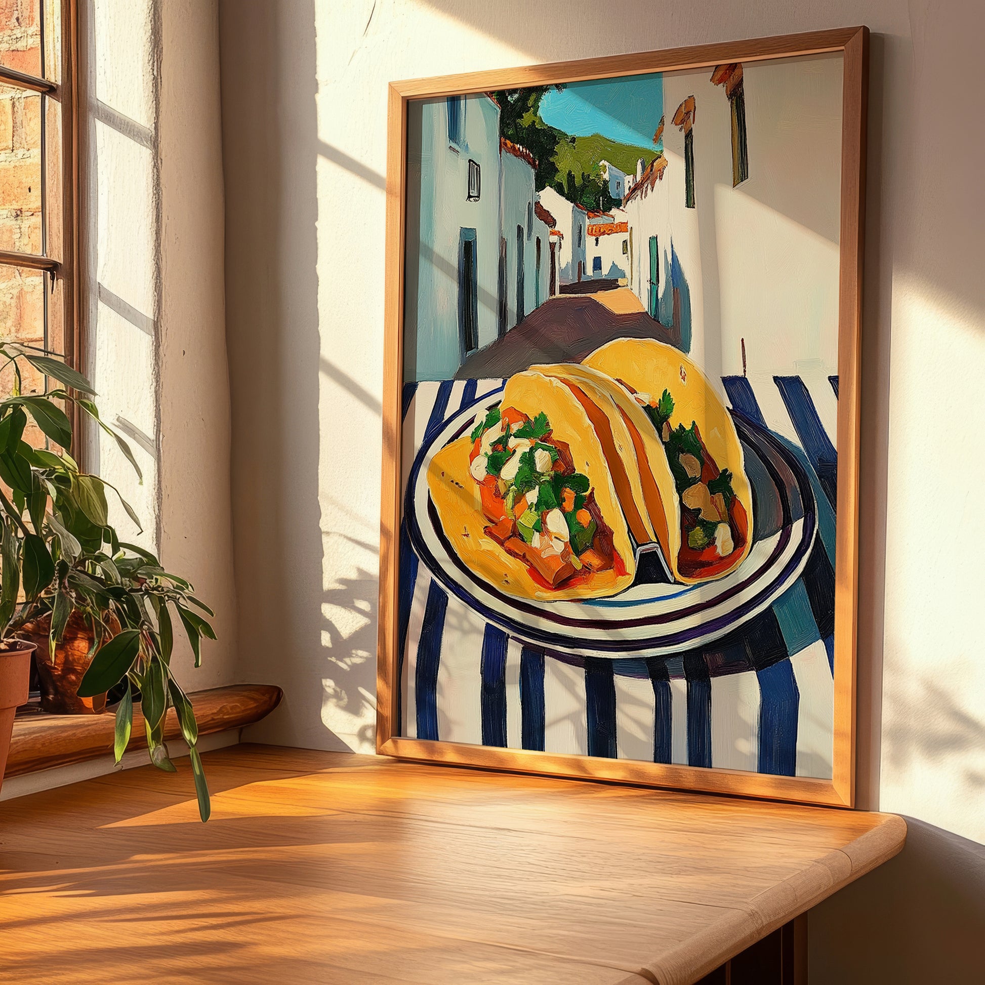 Tacos – White village Outdoor Café Scene, Mexican Food Painting, clean layout with no caption