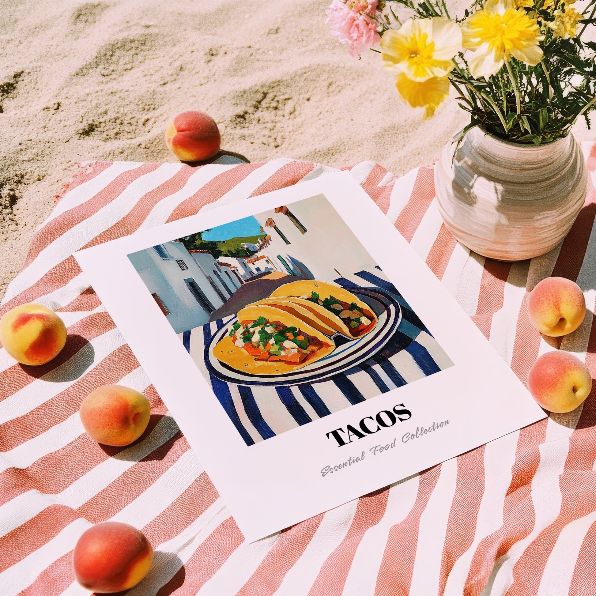 Tacos – White village Outdoor Café Scene, Mexican Food Painting, unframed on coastal sand