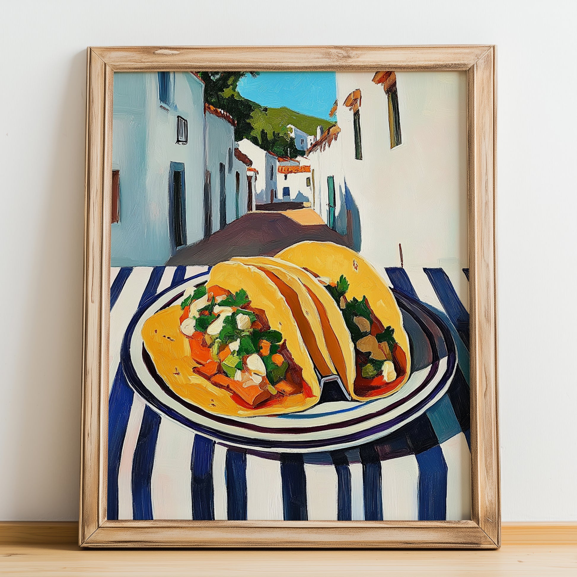 Tacos – White village Outdoor Café Scene, Mexican Food Painting, no-text version framed in wood