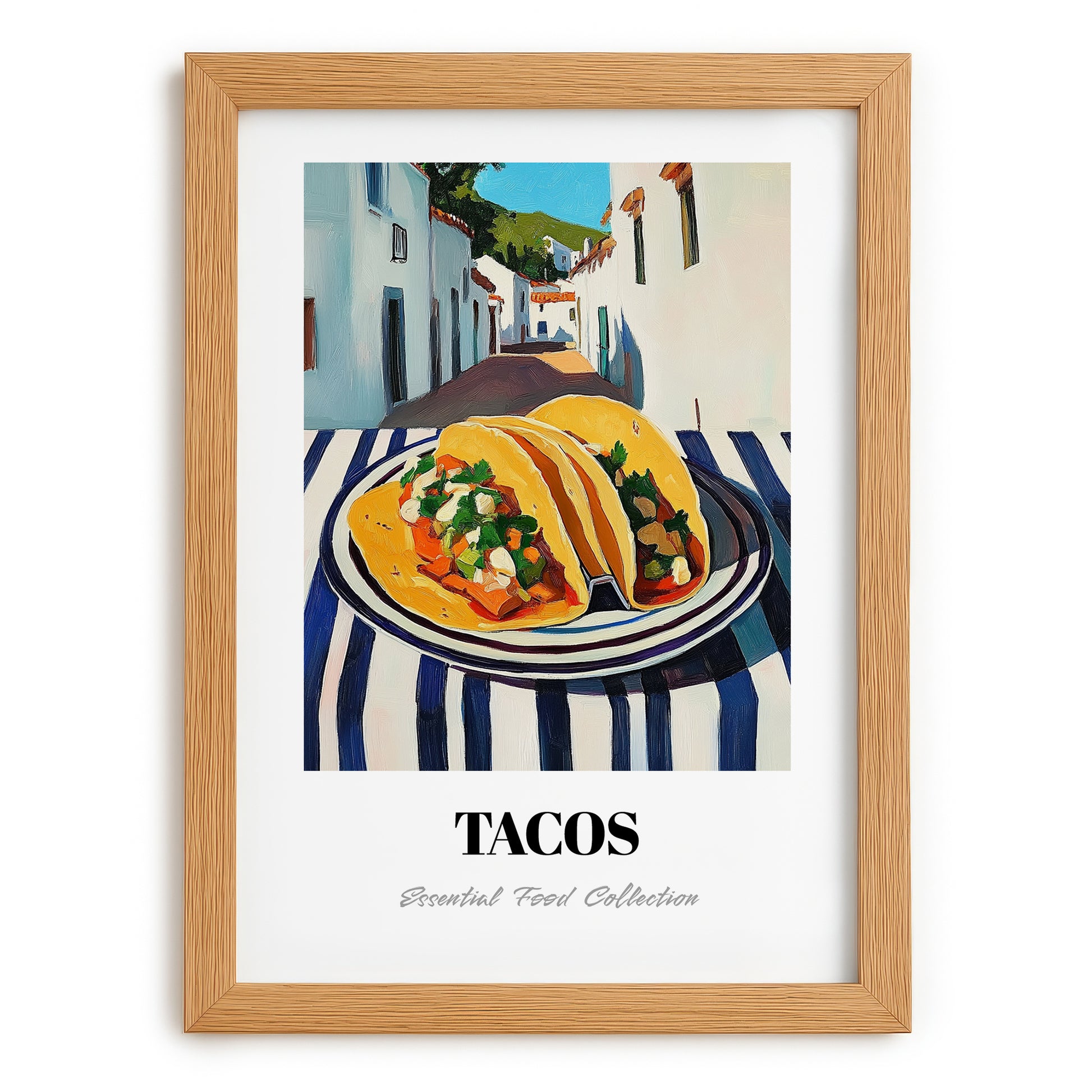Tacos – White village Outdoor Café Scene, Mexican Food Painting, set in oak frame