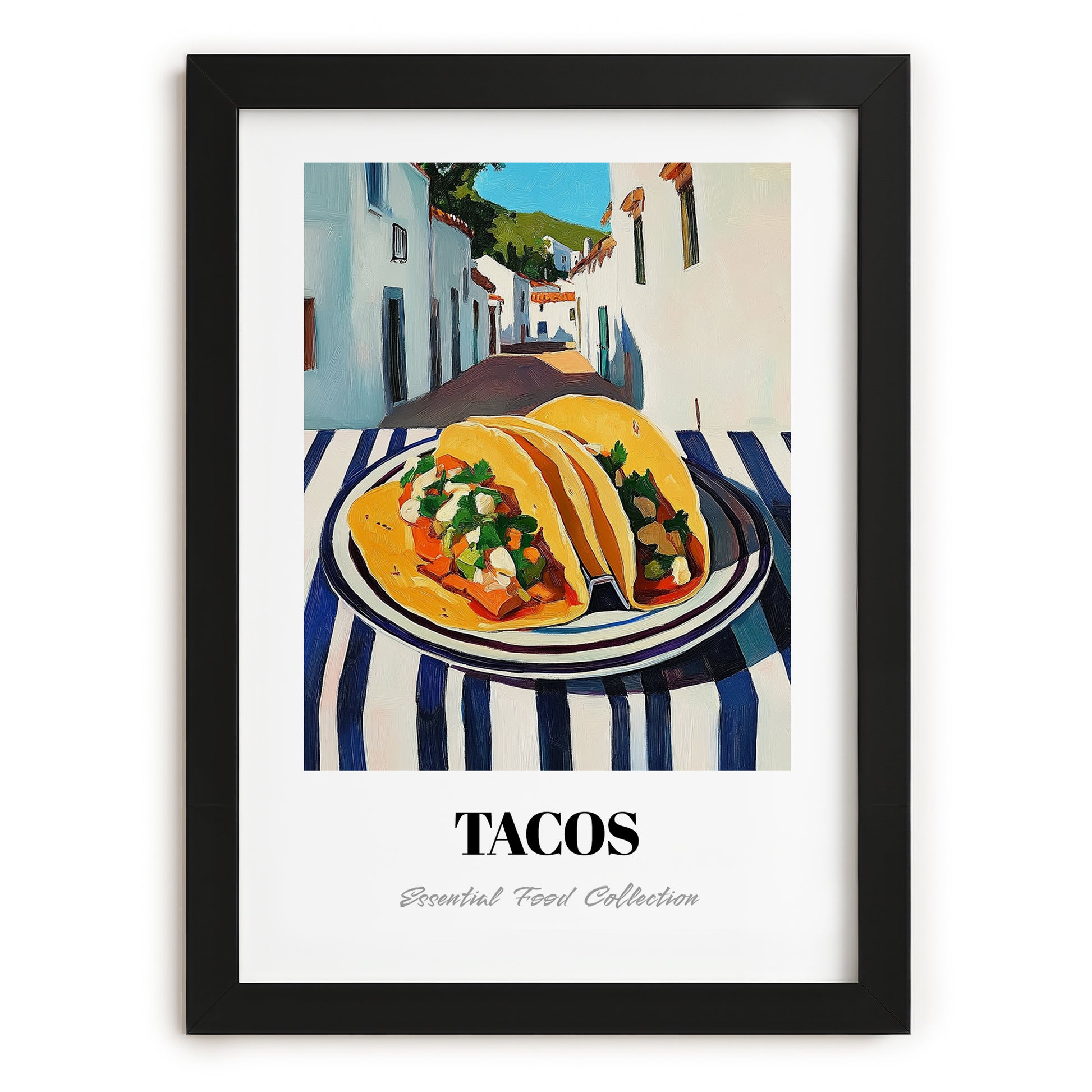 Tacos – White village Outdoor Café Scene, Mexican Food Painting, in sleek black frame