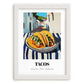 Tacos – White village Outdoor Café Scene, Mexican Food Painting, placed in minimal white frame
