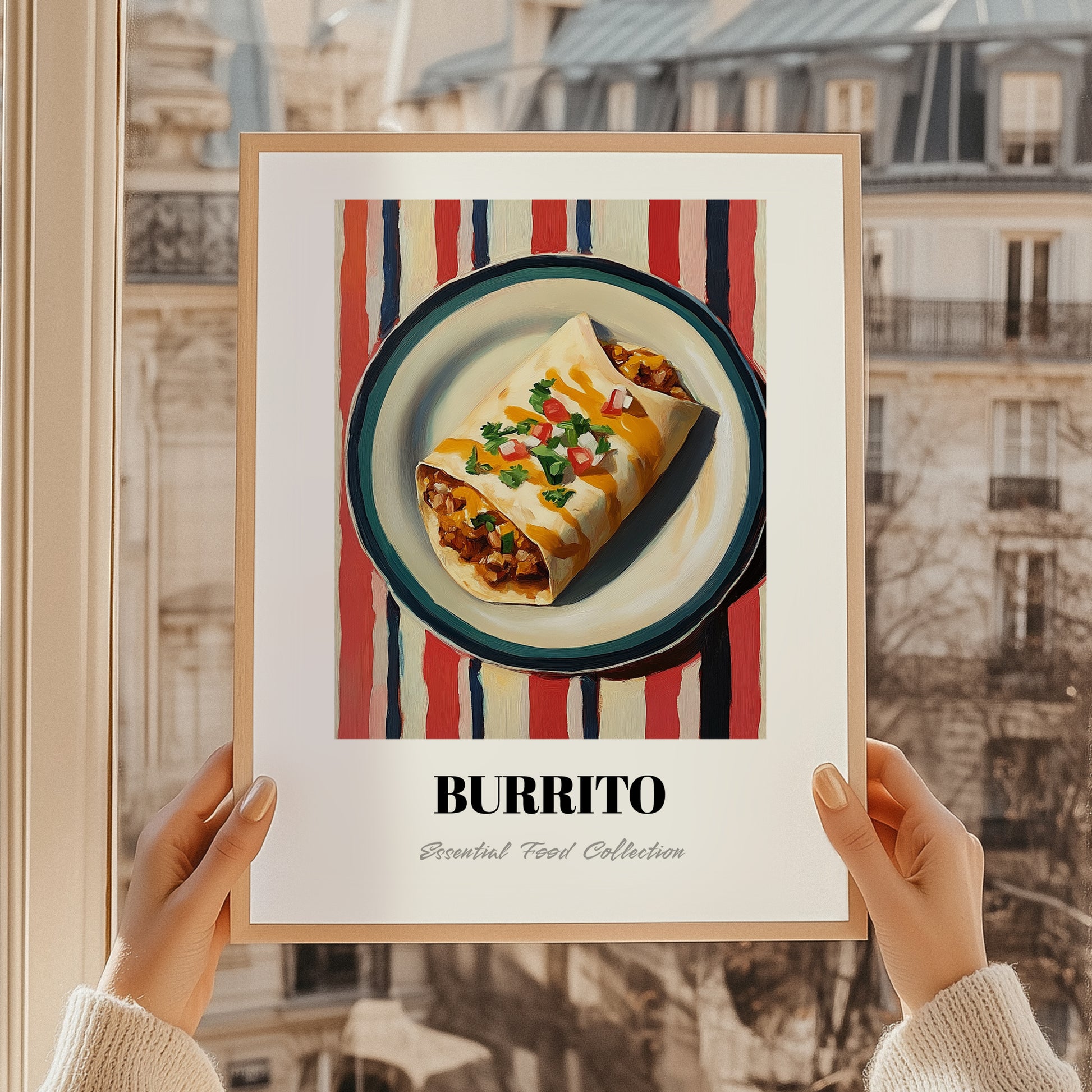 Burrito – on Striped Tablecloth, Mexican Food Wall Art, styled in a charming Paris street view