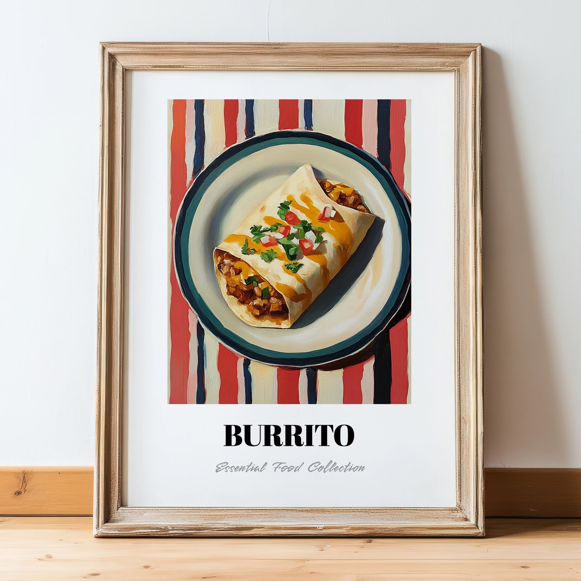 Burrito – on Striped Tablecloth, Mexican Food Wall Art, in wooden frame leaning on the floor