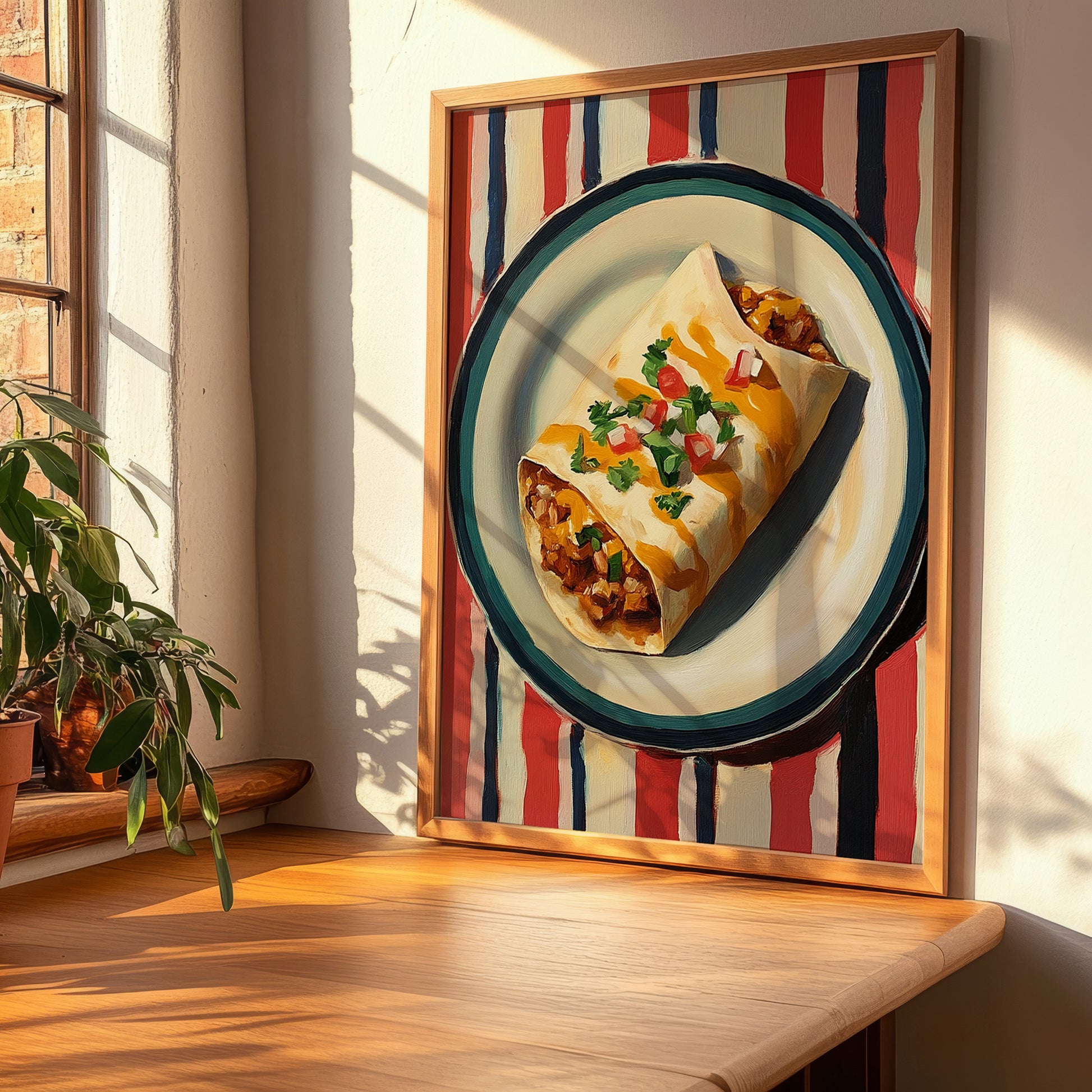 Burrito – on Striped Tablecloth, Mexican Food Wall Art, clean layout with no caption