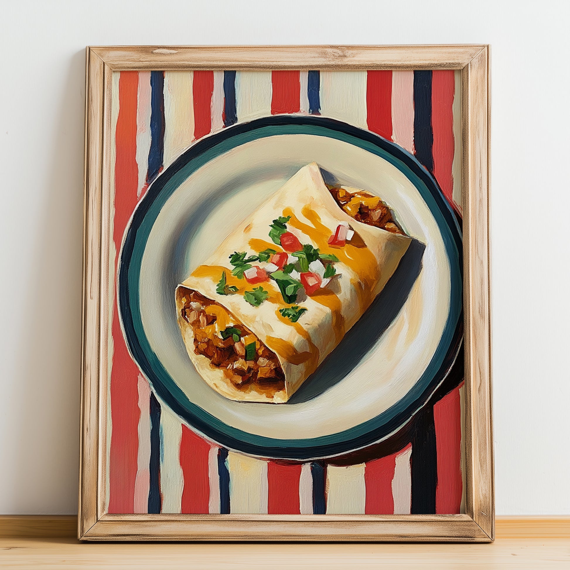 Burrito – on Striped Tablecloth, Mexican Food Wall Art, no-text version framed in wood