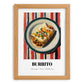 Burrito – on Striped Tablecloth, Mexican Food Wall Art, set in oak frame