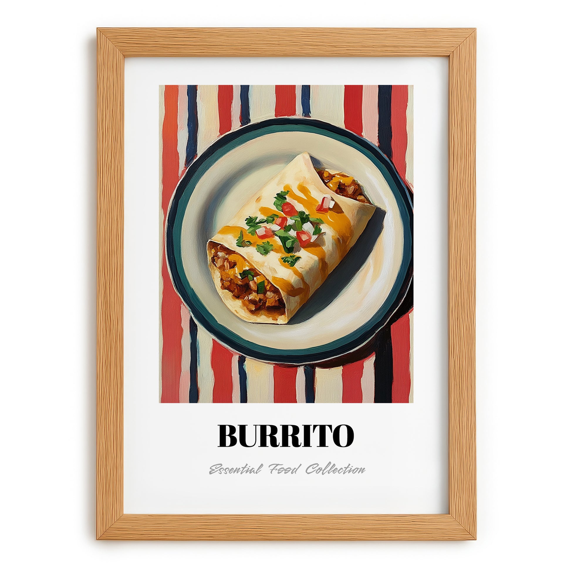Burrito – on Striped Tablecloth, Mexican Food Wall Art, set in oak frame