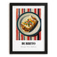 Burrito – on Striped Tablecloth, Mexican Food Wall Art, in sleek black frame