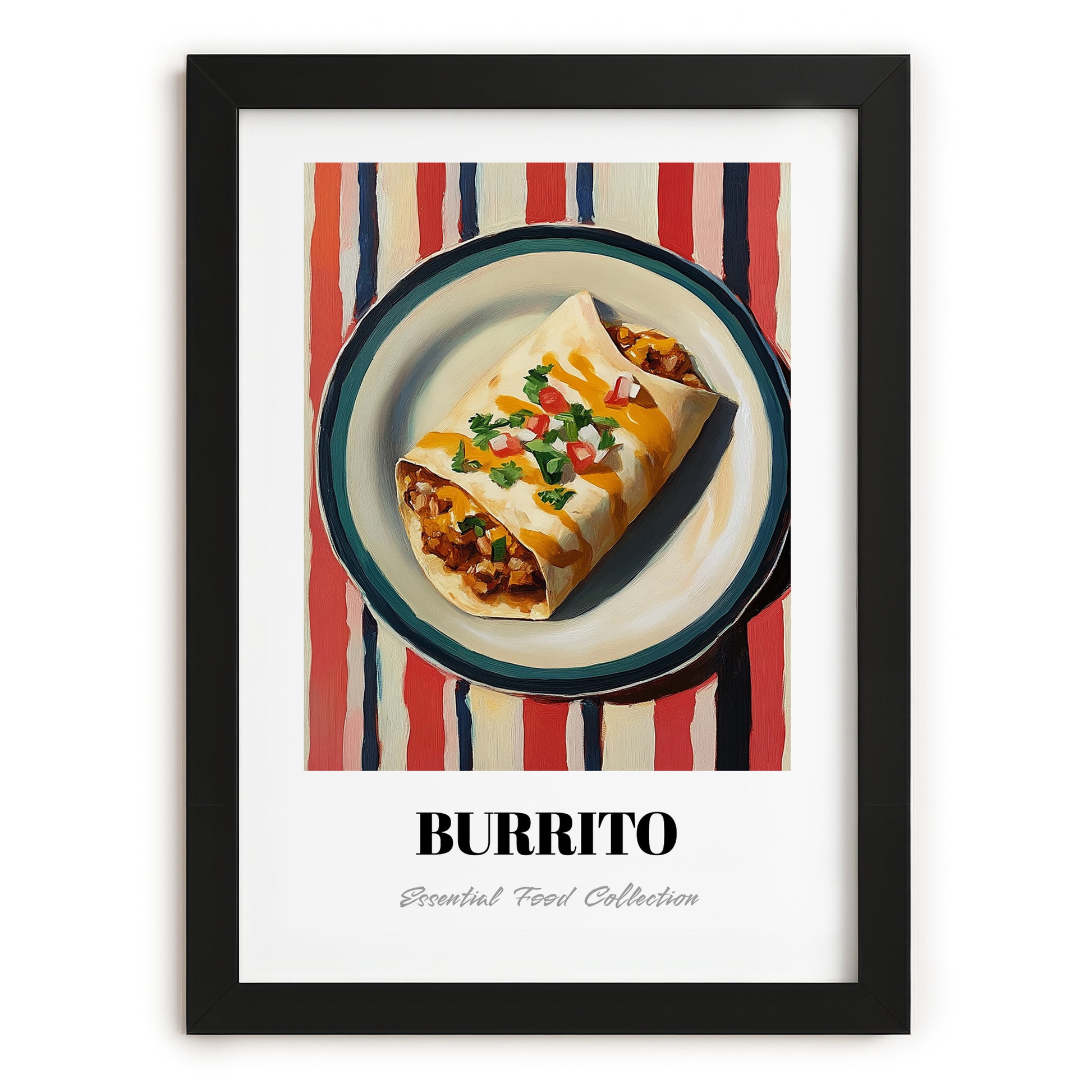 Burrito – on Striped Tablecloth, Mexican Food Wall Art, in sleek black frame