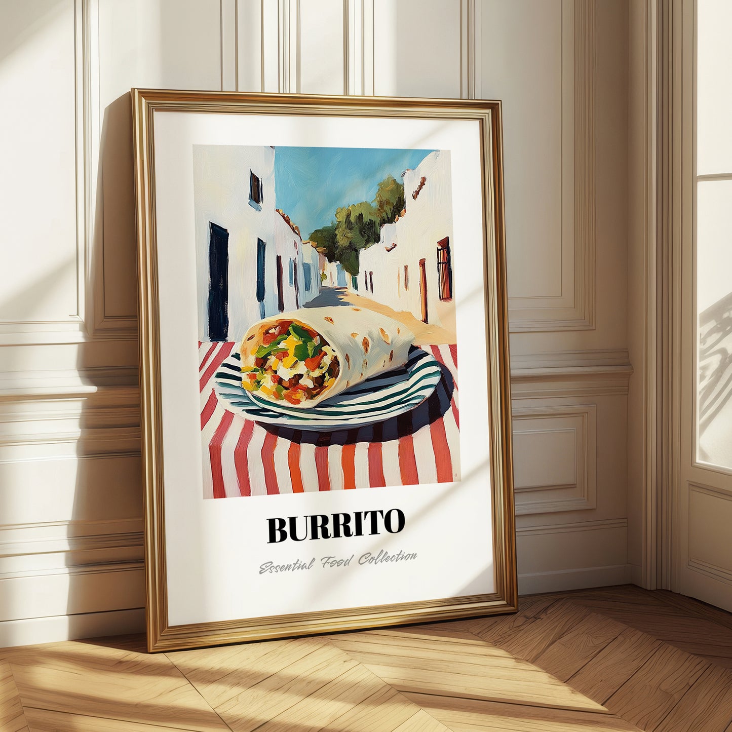 Burrito – White village Street Café Scene, Mexican Food Wall Art
