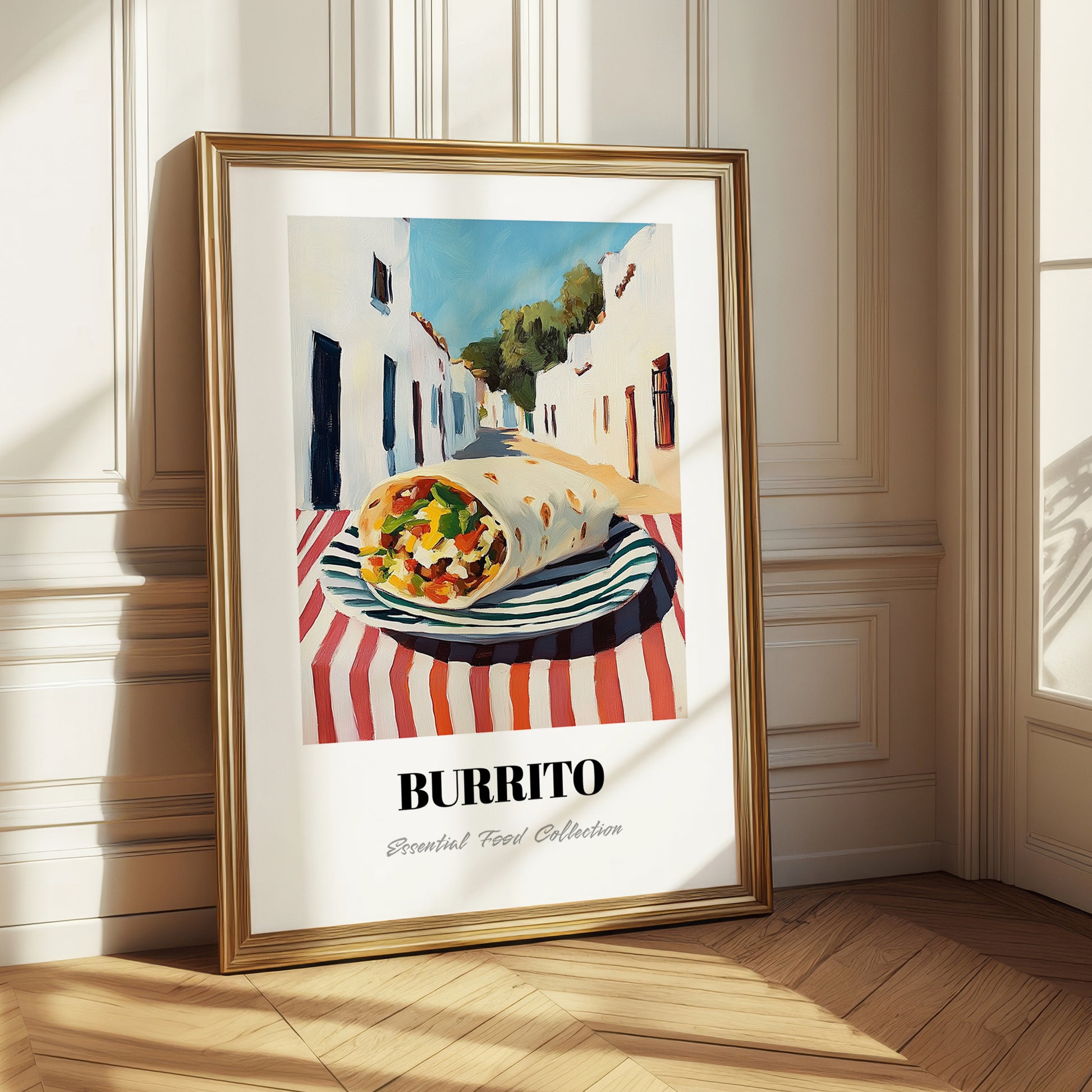 Burrito – White village Street Café Scene, Mexican Food Wall Art