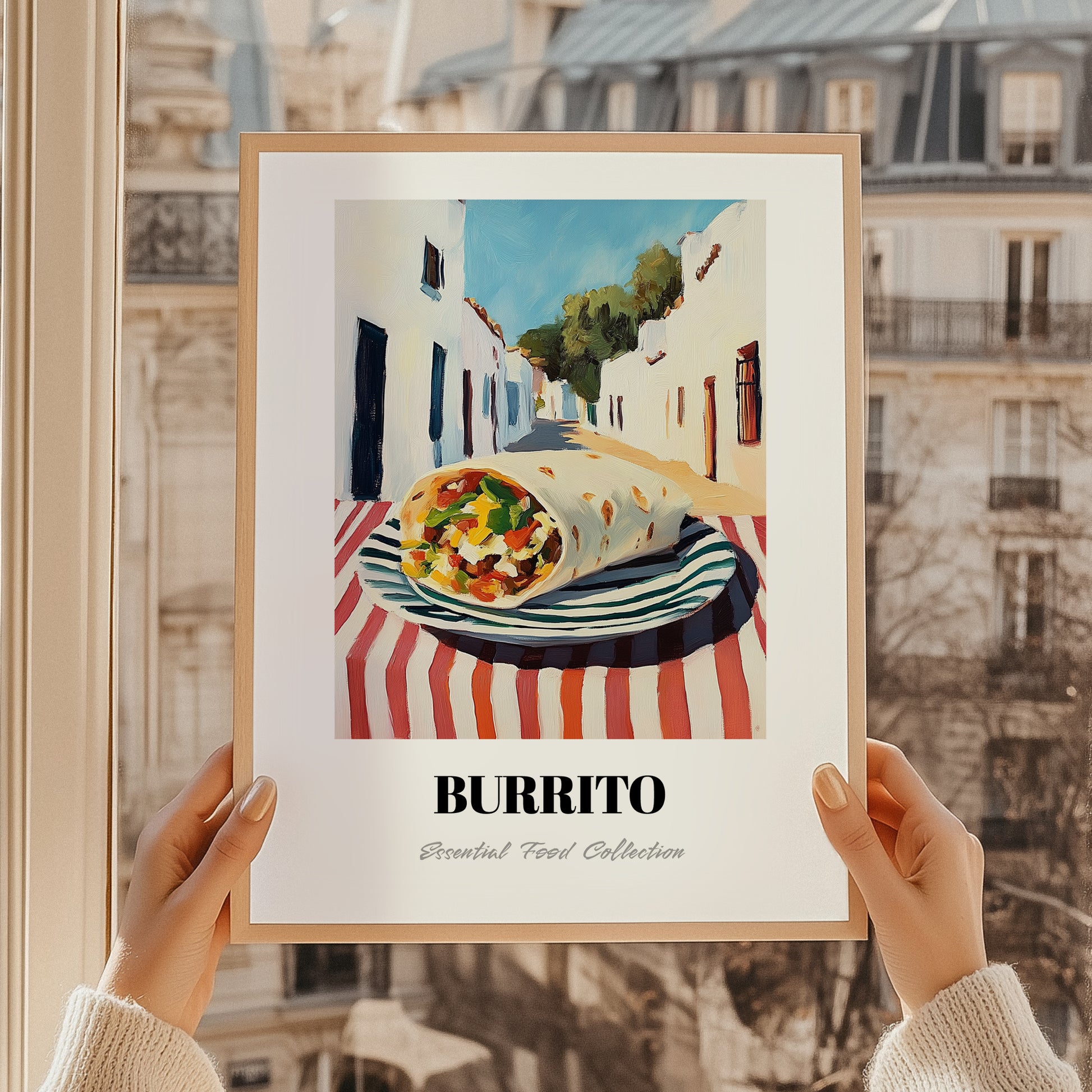 Burrito – White village Street Café Scene, Mexican Food Wall Art, styled in a charming Paris street view