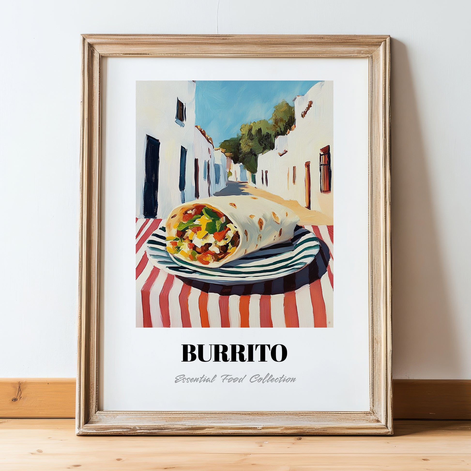 Burrito – White village Street Café Scene, Mexican Food Wall Art, in wooden frame leaning on the floor