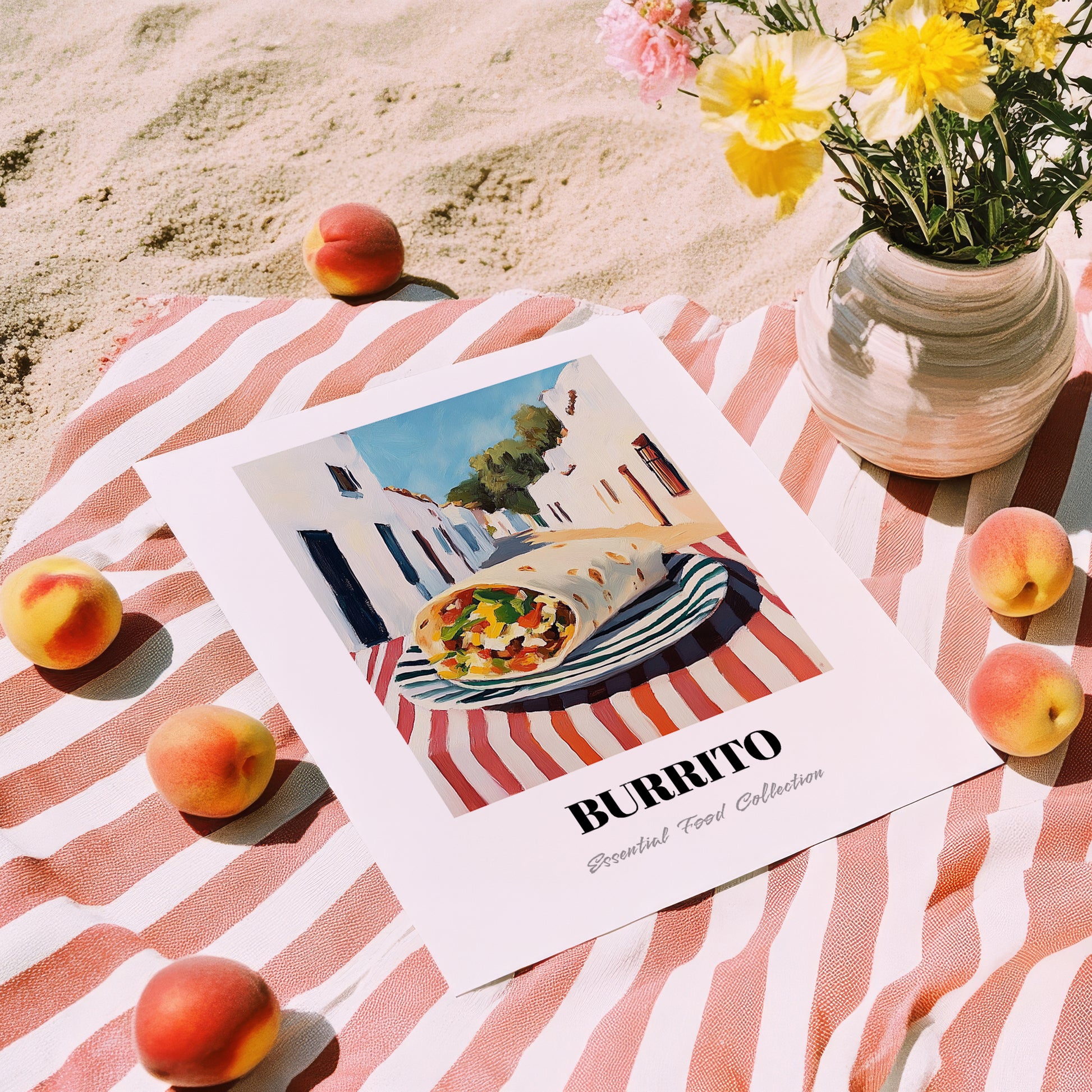 Burrito – White village Street Café Scene, Mexican Food Wall Art, unframed on coastal sand