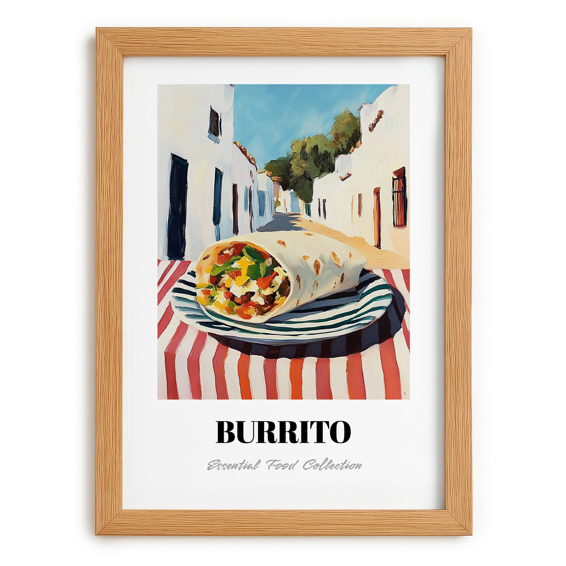 Burrito – White village Street Café Scene, Mexican Food Wall Art, set in oak frame