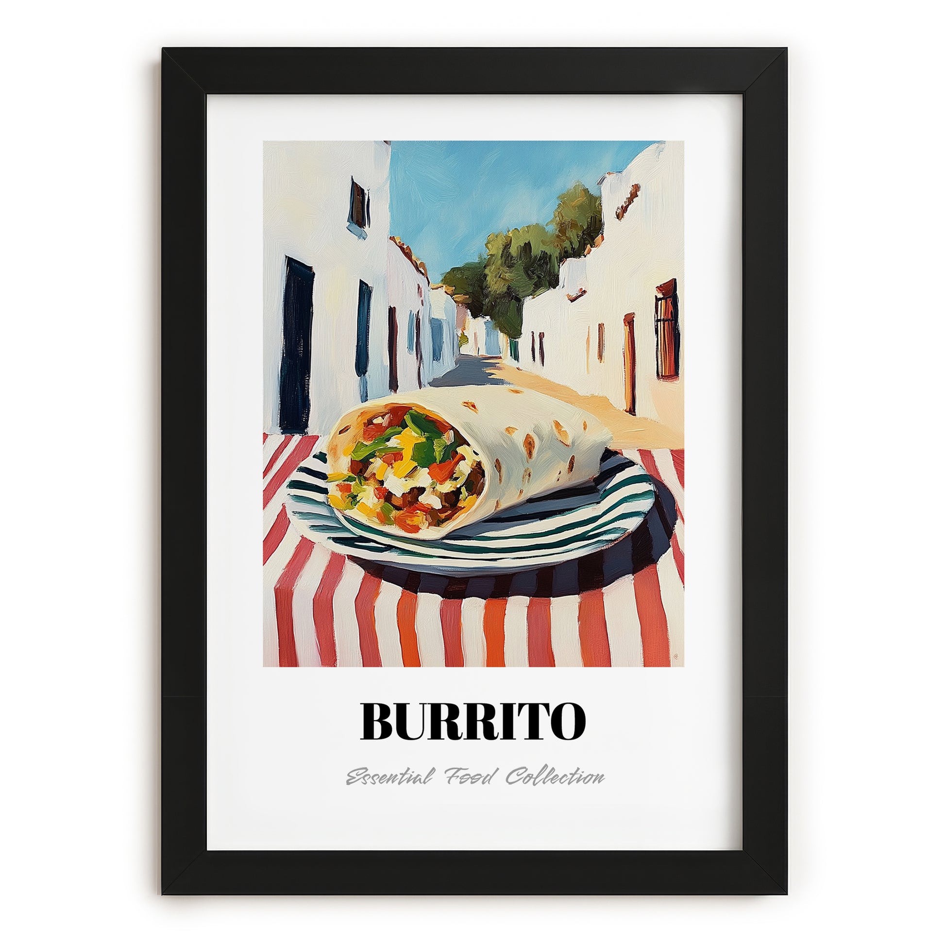 Burrito – White village Street Café Scene, Mexican Food Wall Art, in sleek black frame