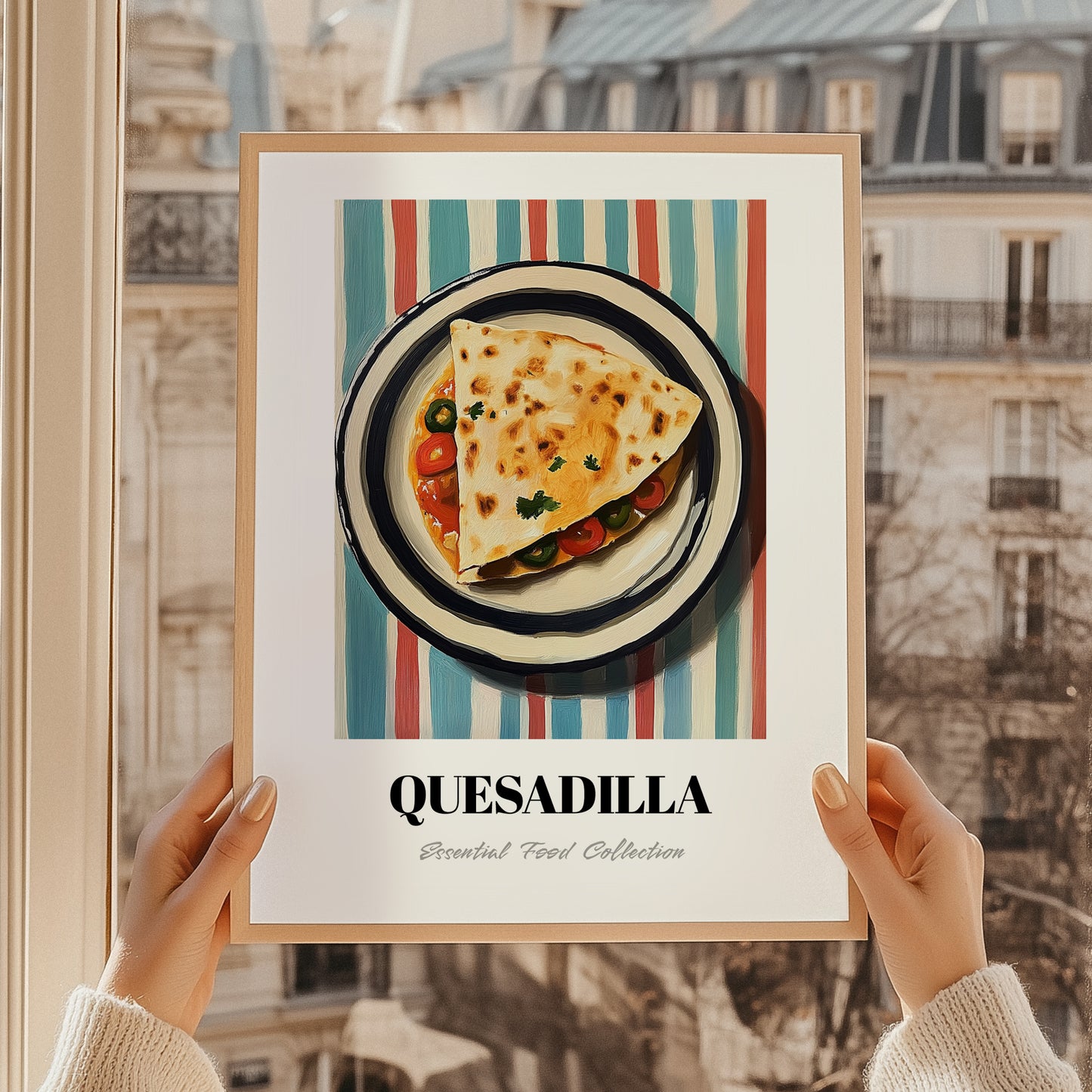 Quesadilla – on Striped Tablecloth, Mexican Cheese Wall Painting, styled in a charming Paris street view