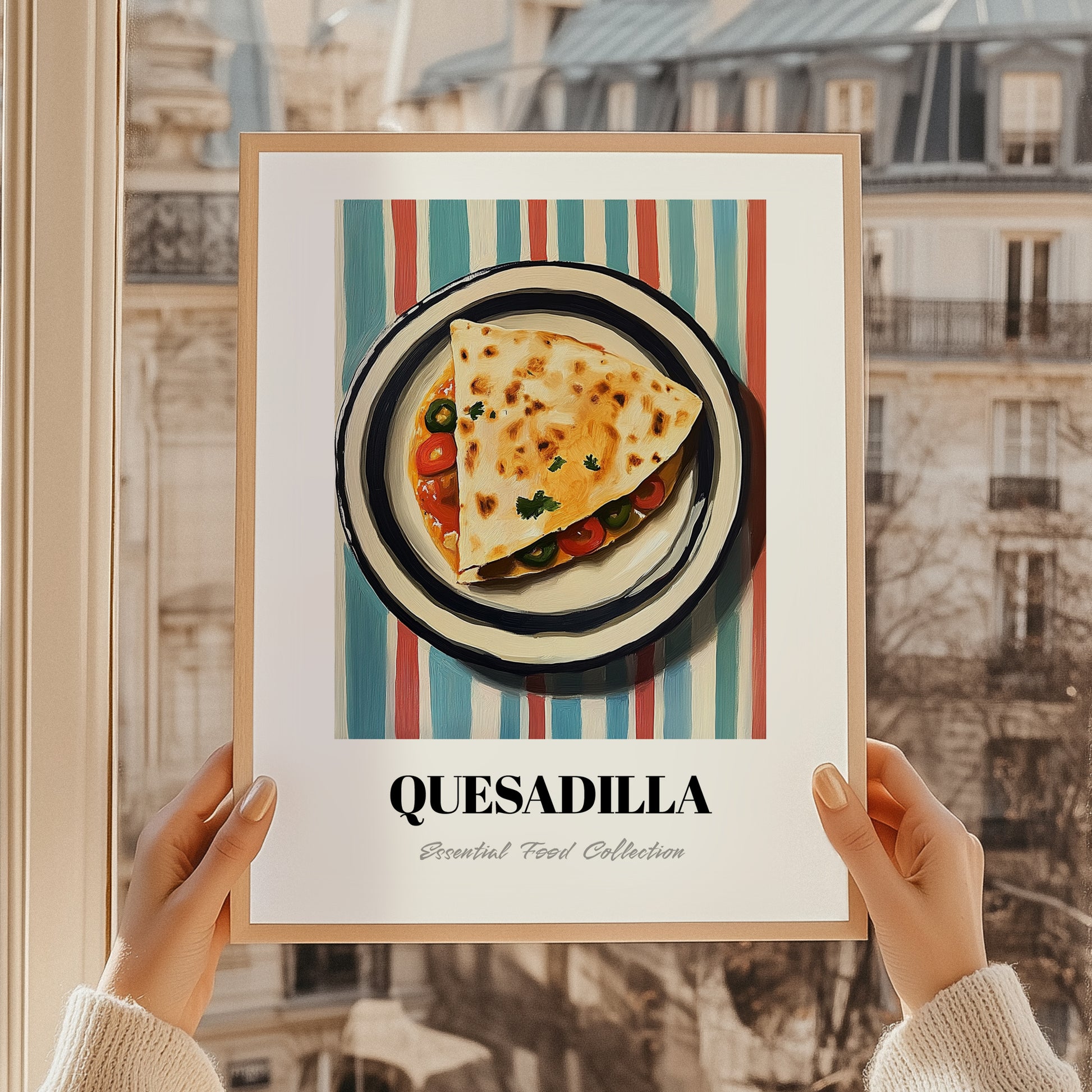 Quesadilla – on Striped Tablecloth, Mexican Cheese Wall Painting, styled in a charming Paris street view