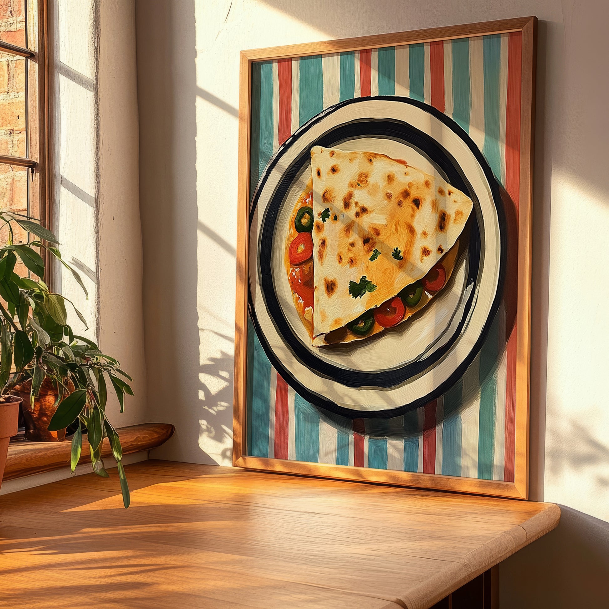 Quesadilla – on Striped Tablecloth, Mexican Cheese Wall Painting, clean layout with no caption