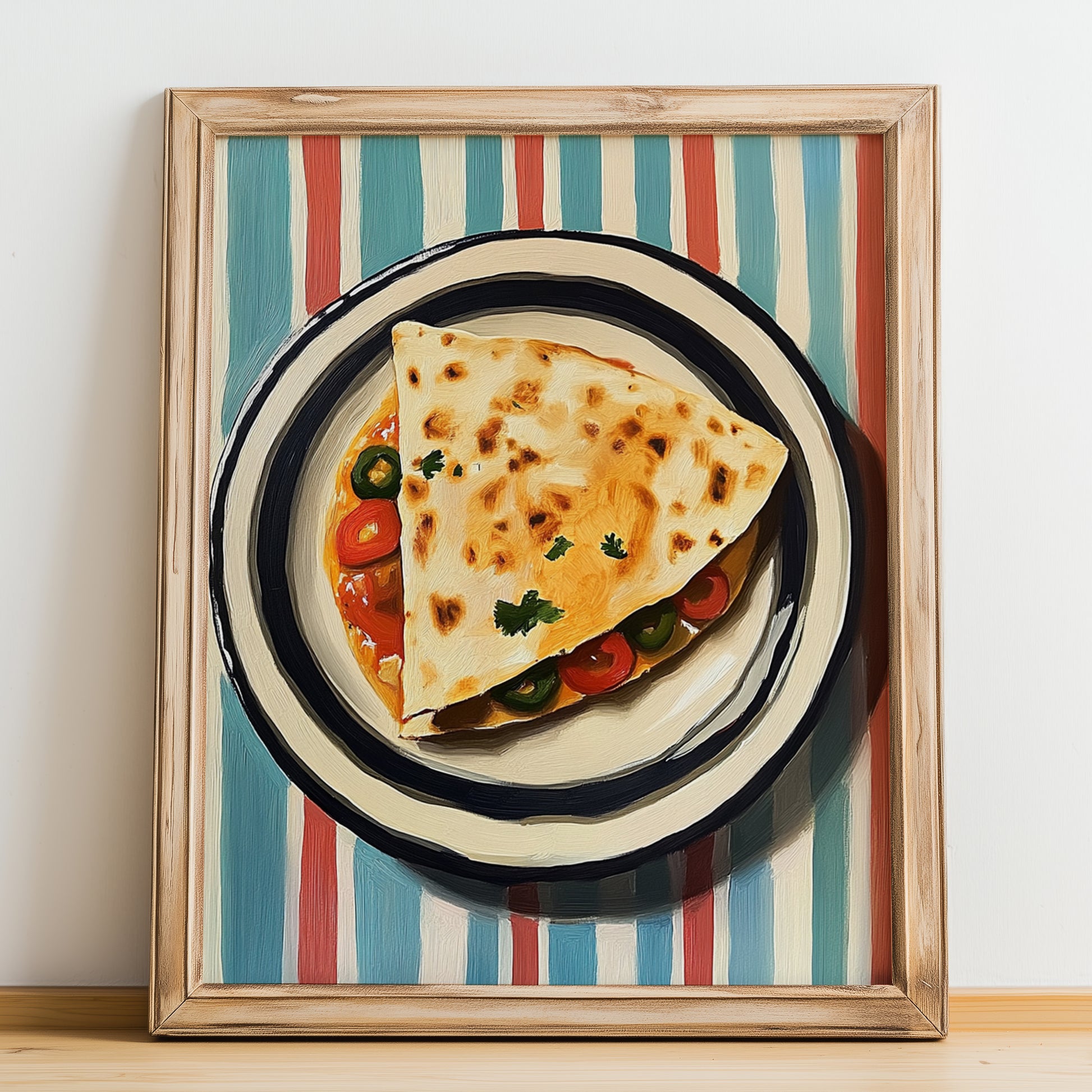 Quesadilla – on Striped Tablecloth, Mexican Cheese Wall Painting, no-text version framed in wood