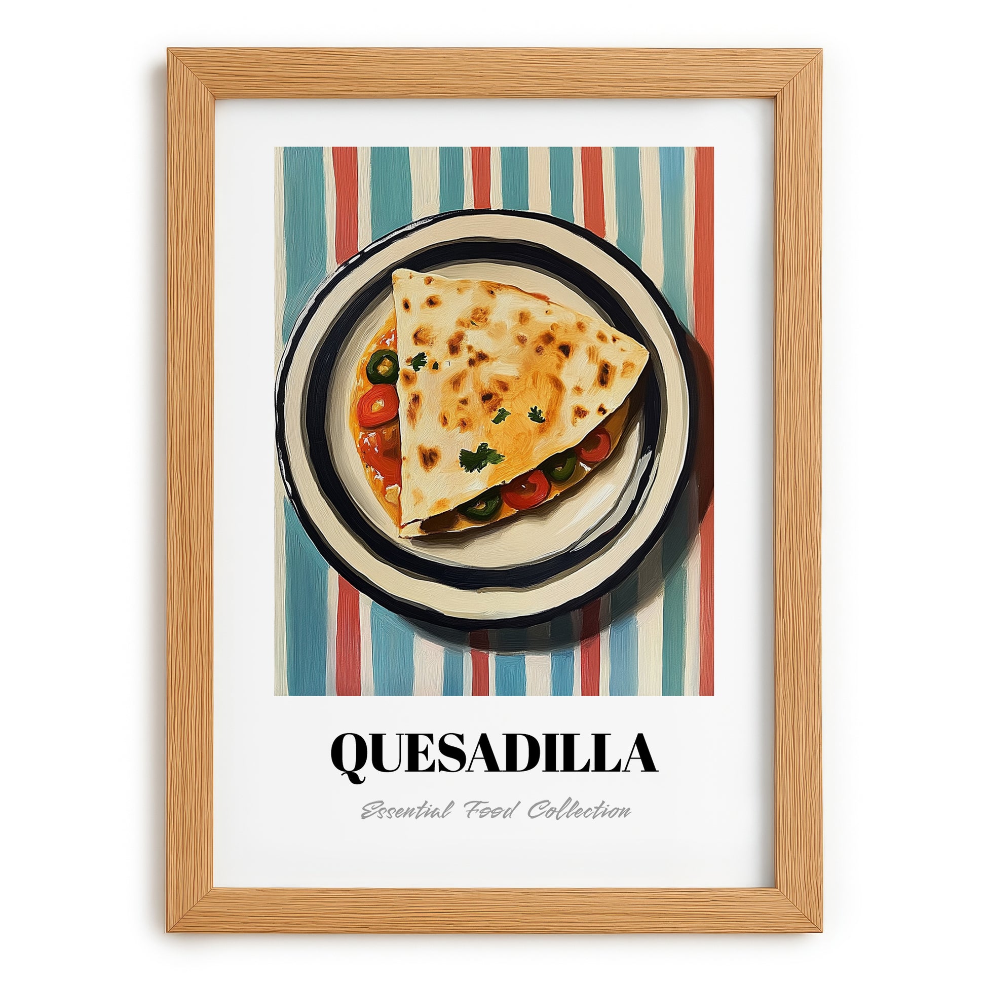 Quesadilla – on Striped Tablecloth, Mexican Cheese Wall Painting, set in oak frame