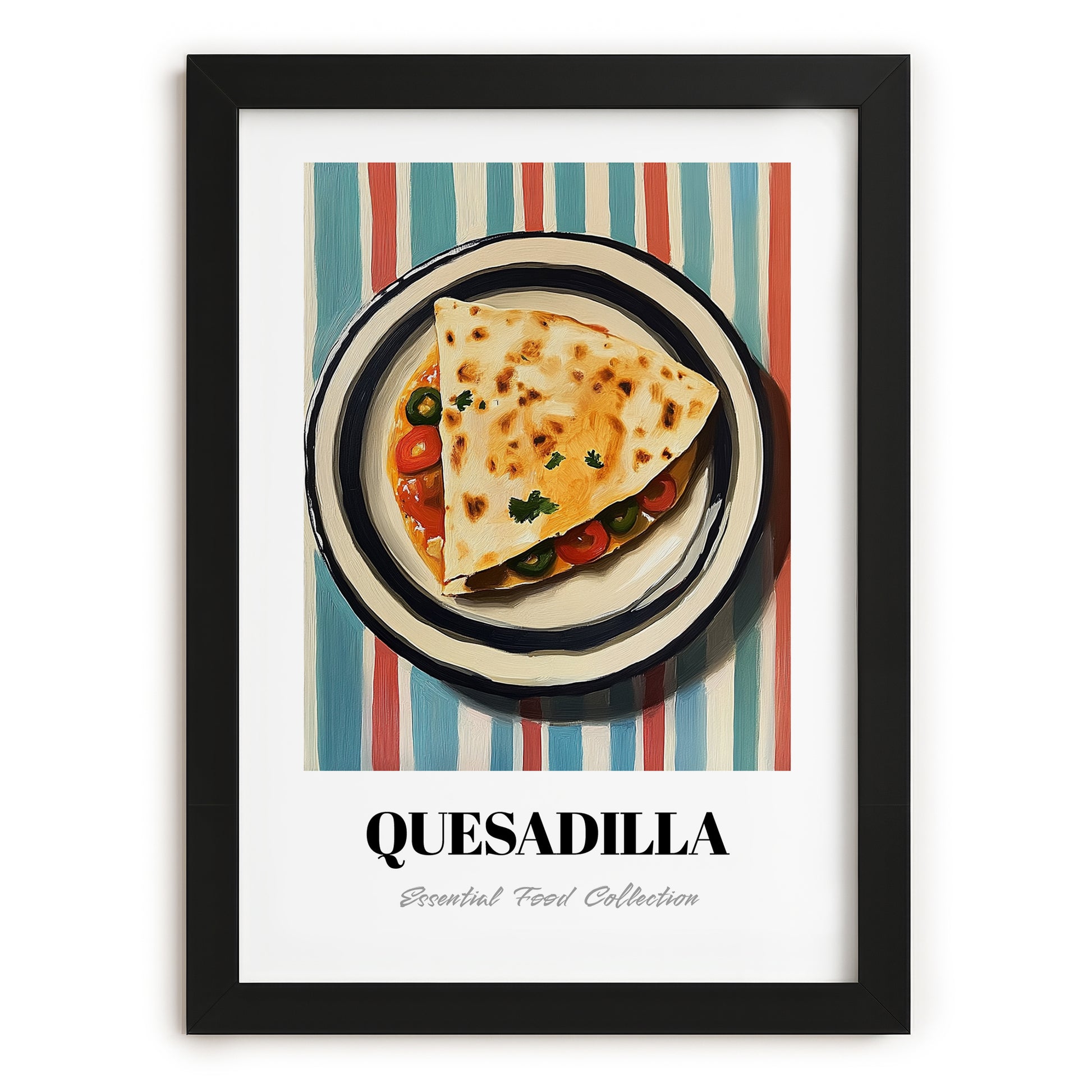 Quesadilla – on Striped Tablecloth, Mexican Cheese Wall Painting, in sleek black frame