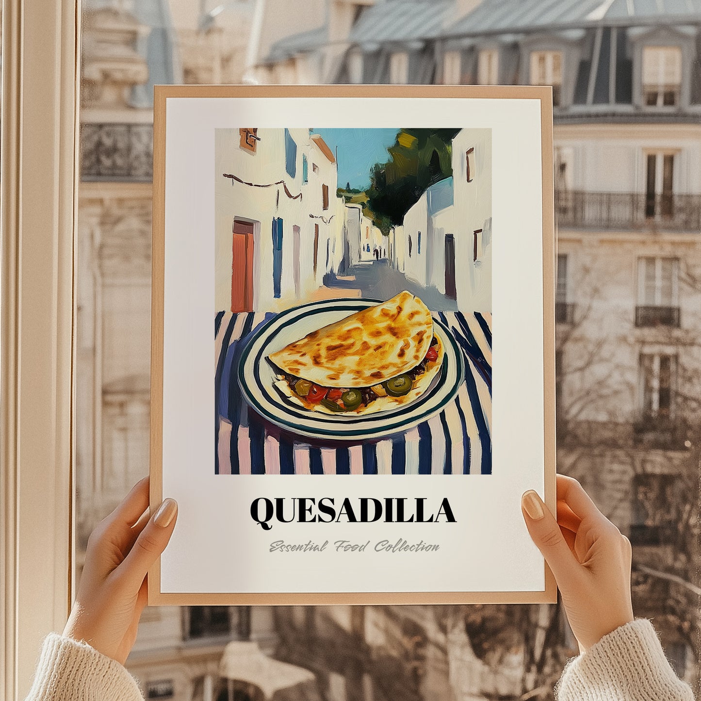 Quesadilla – White village Café on the Corner, Mexican Cheese Wall Art, styled in a charming Paris street view