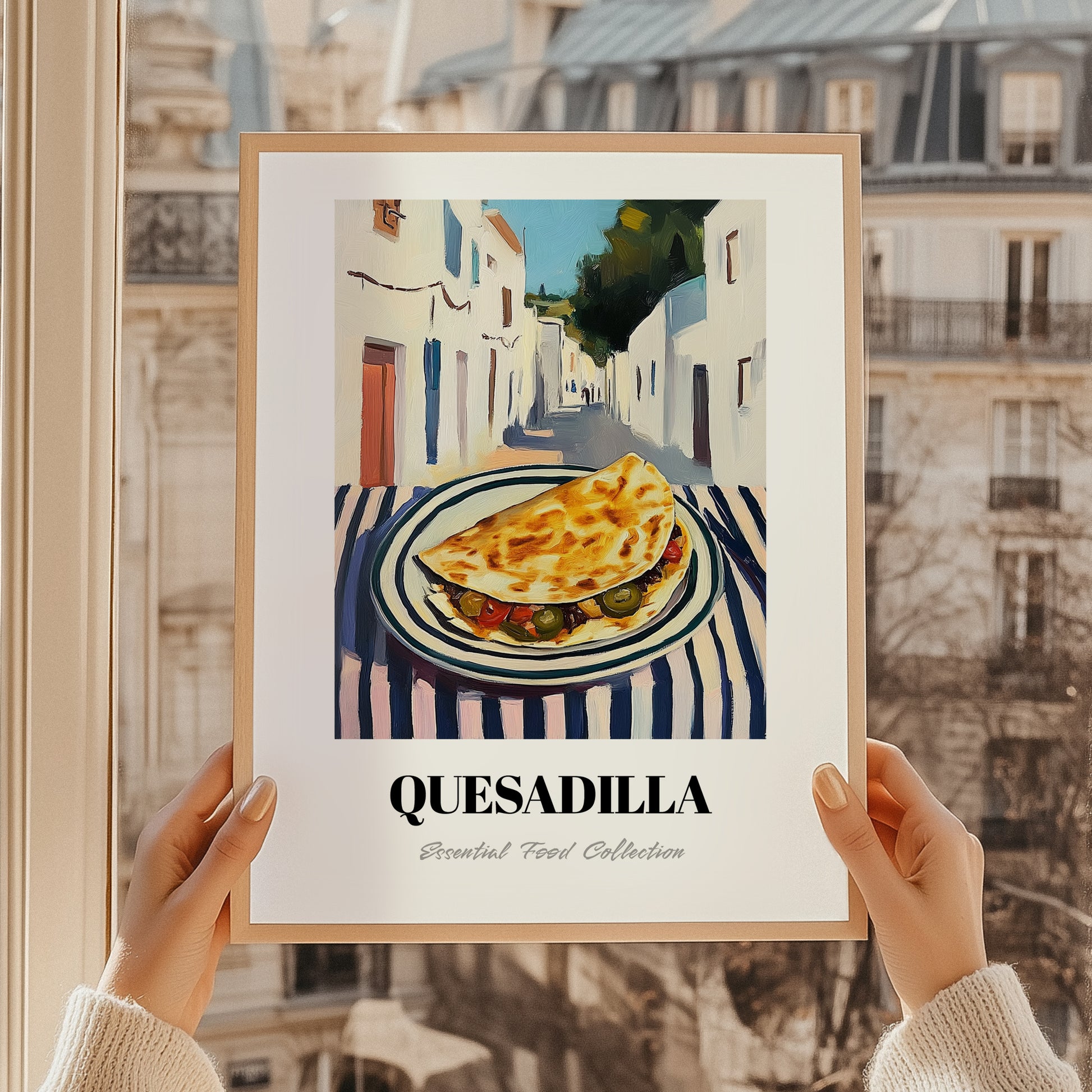 Quesadilla – White village Café on the Corner, Mexican Cheese Wall Art, styled in a charming Paris street view