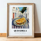 Quesadilla – White village Café on the Corner, Mexican Cheese Wall Art, in wooden frame leaning on the floor
