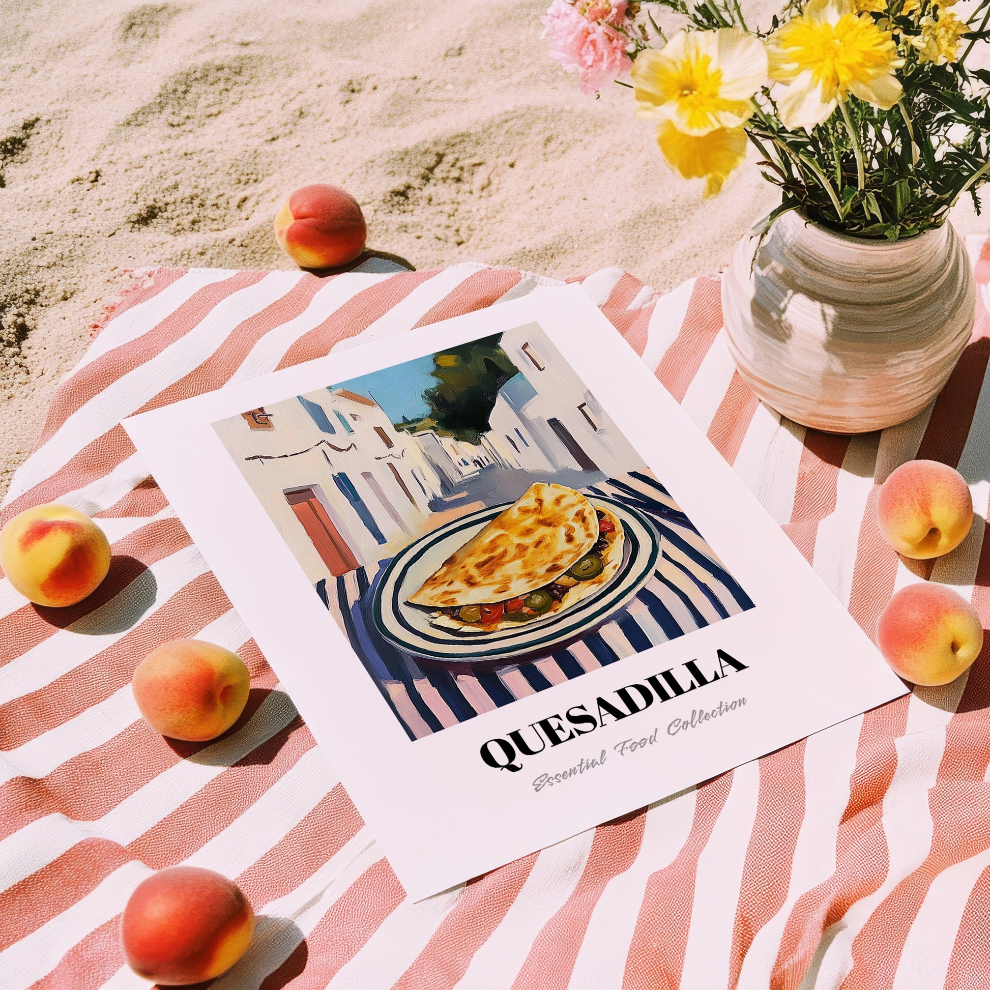 Quesadilla – White village Café on the Corner, Mexican Cheese Wall Art, unframed on coastal sand