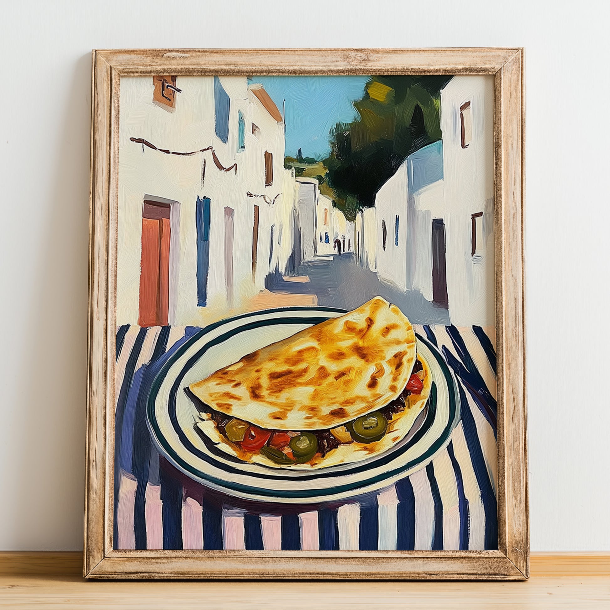 Quesadilla – White village Café on the Corner, Mexican Cheese Wall Art, no-text version framed in wood
