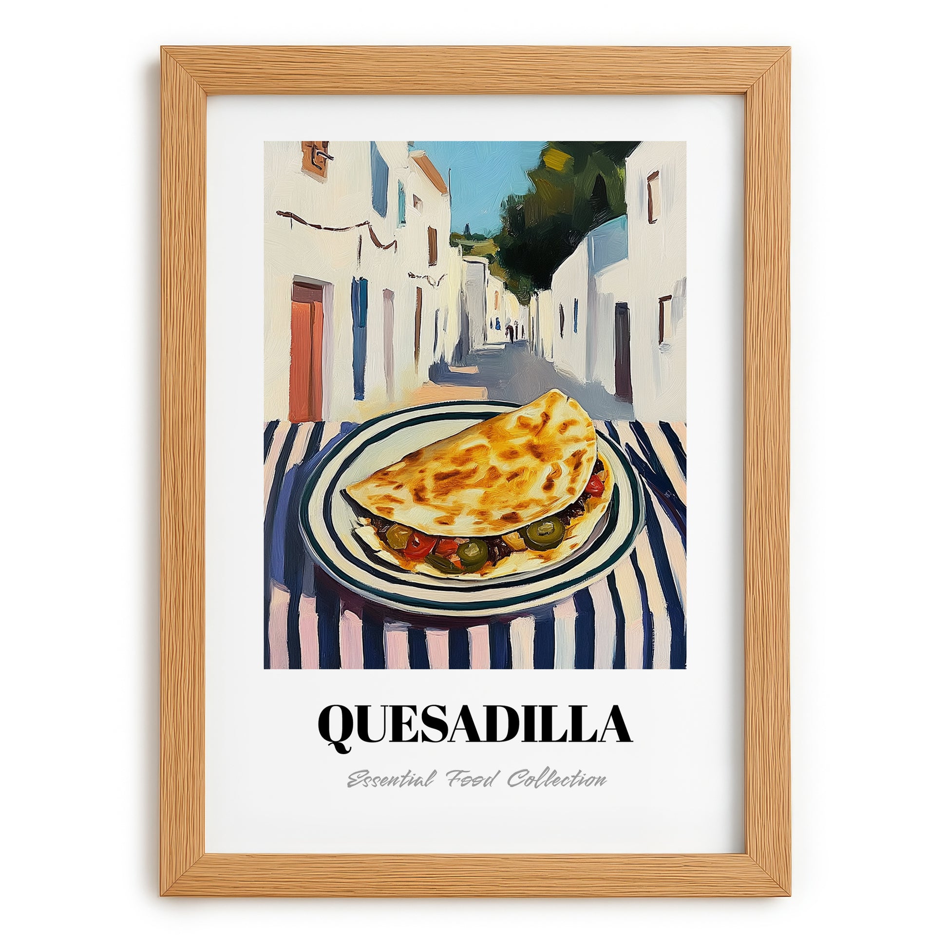 Quesadilla – White village Café on the Corner, Mexican Cheese Wall Art, set in oak frame