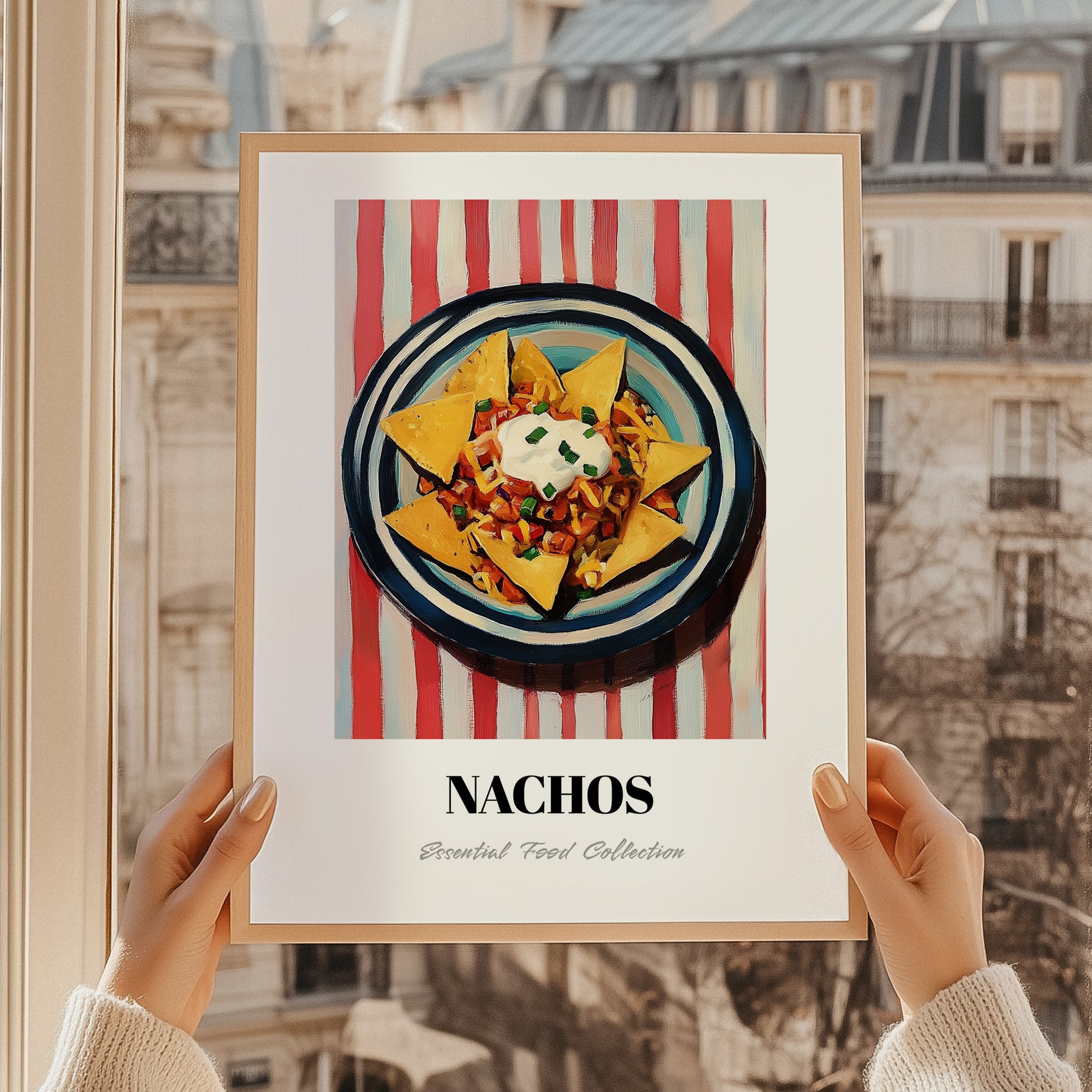 Nachos – on Striped Tablecloth, Mexican Cheese Wall Decor, styled in a charming Paris street view