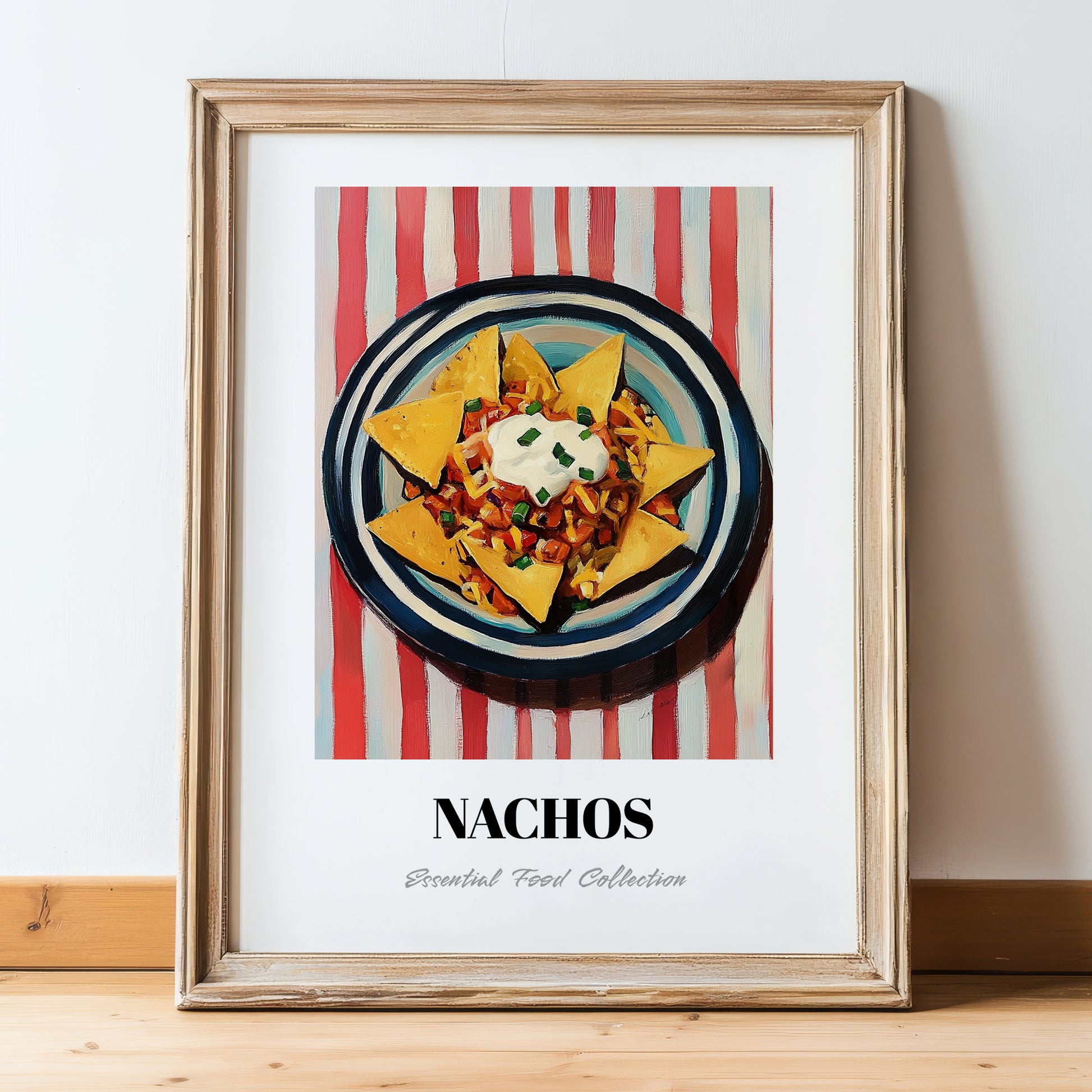 Nachos – on Striped Tablecloth, Mexican Cheese Wall Decor, in wooden frame leaning on the floor