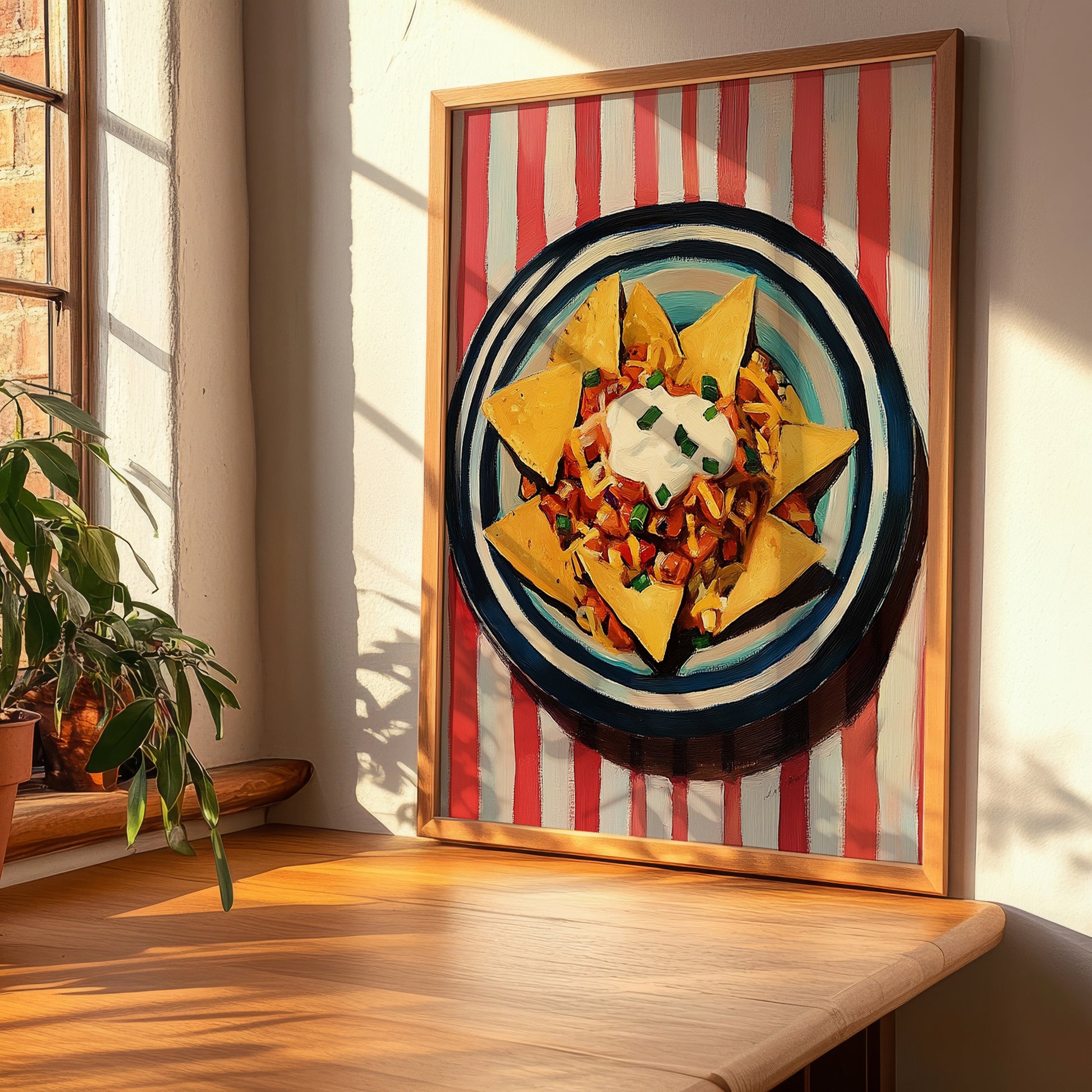 Nachos – on Striped Tablecloth, Mexican Cheese Wall Decor, clean layout with no caption