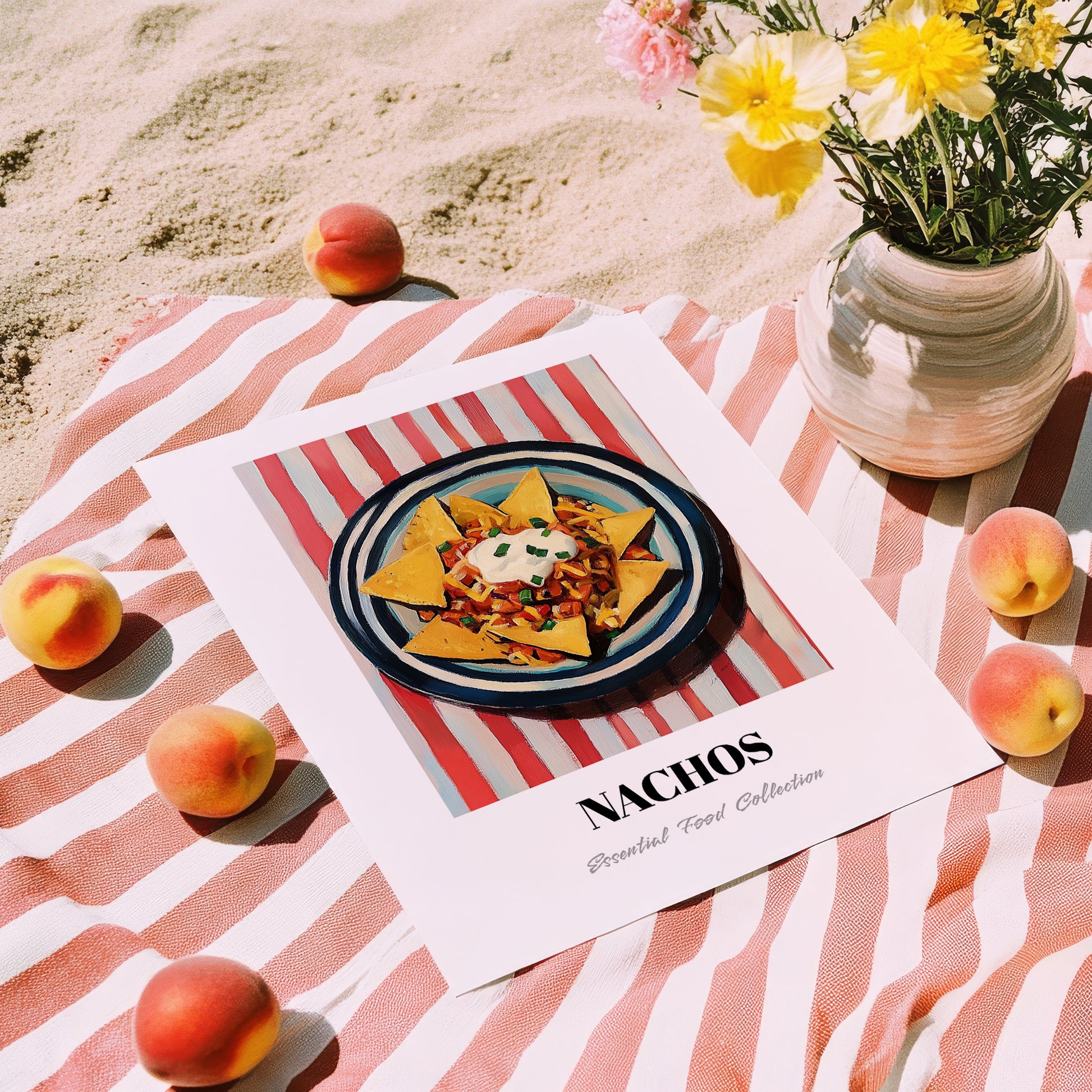 Nachos – on Striped Tablecloth, Mexican Cheese Wall Decor, unframed on coastal sand