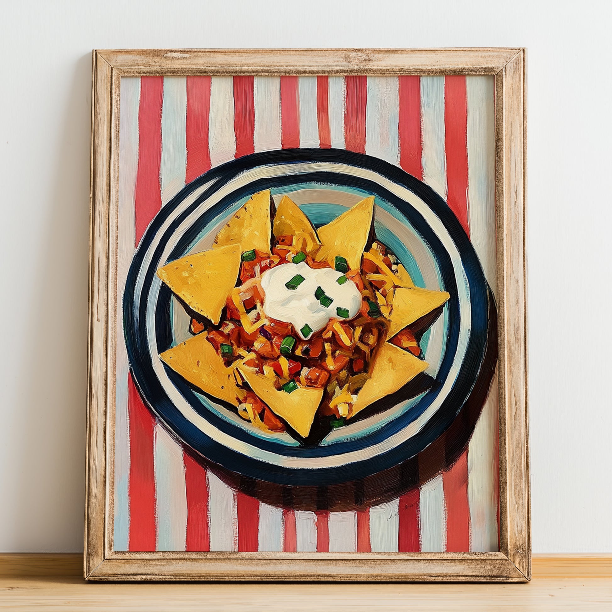 Nachos – on Striped Tablecloth, Mexican Cheese Wall Decor, no-text version framed in wood