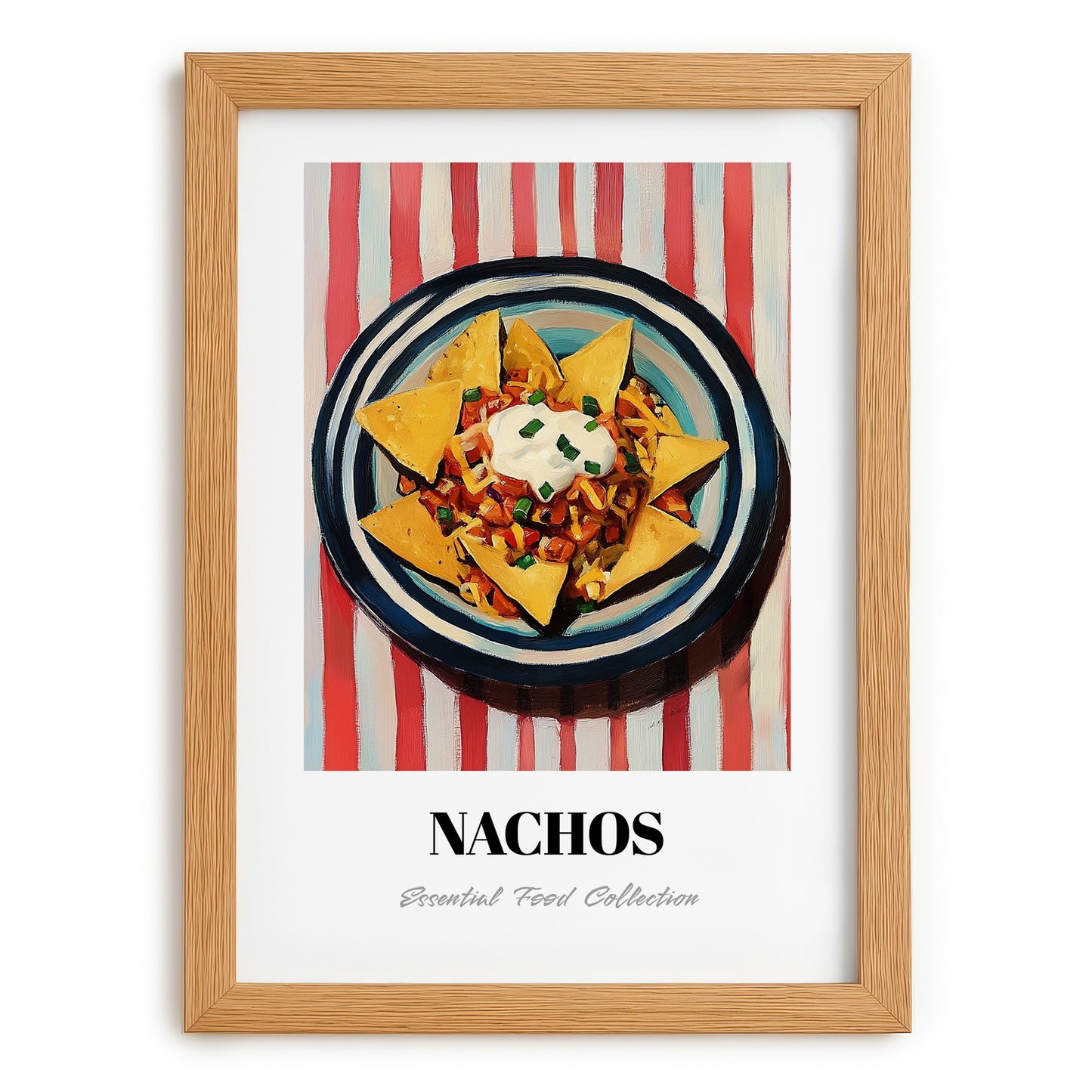 Nachos – on Striped Tablecloth, Mexican Cheese Wall Decor, set in oak frame