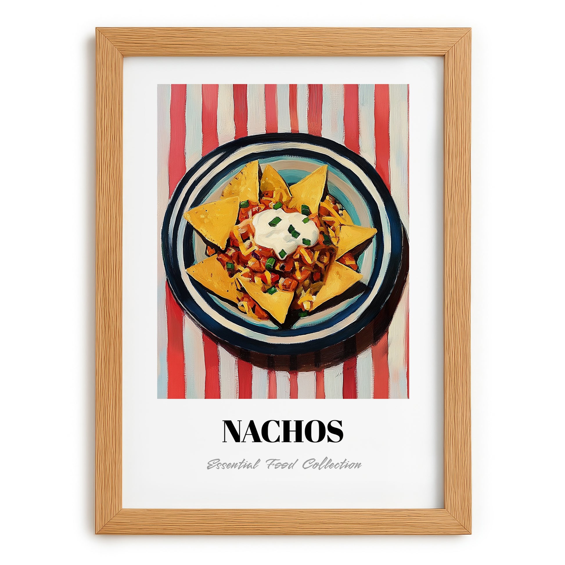 Nachos – on Striped Tablecloth, Mexican Cheese Wall Decor, set in oak frame