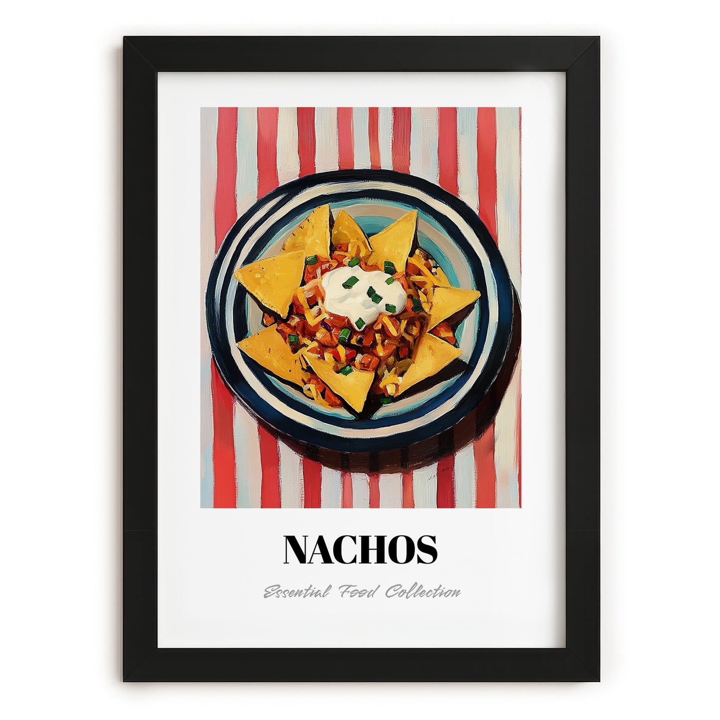 Nachos – on Striped Tablecloth, Mexican Cheese Wall Decor, in sleek black frame