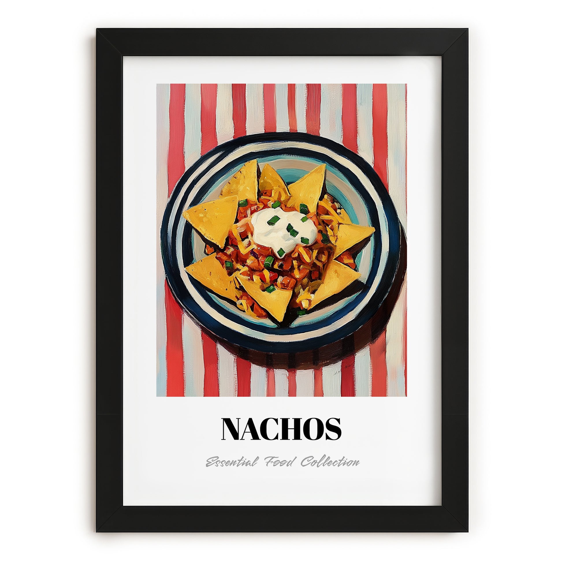 Nachos – on Striped Tablecloth, Mexican Cheese Wall Decor, in sleek black frame