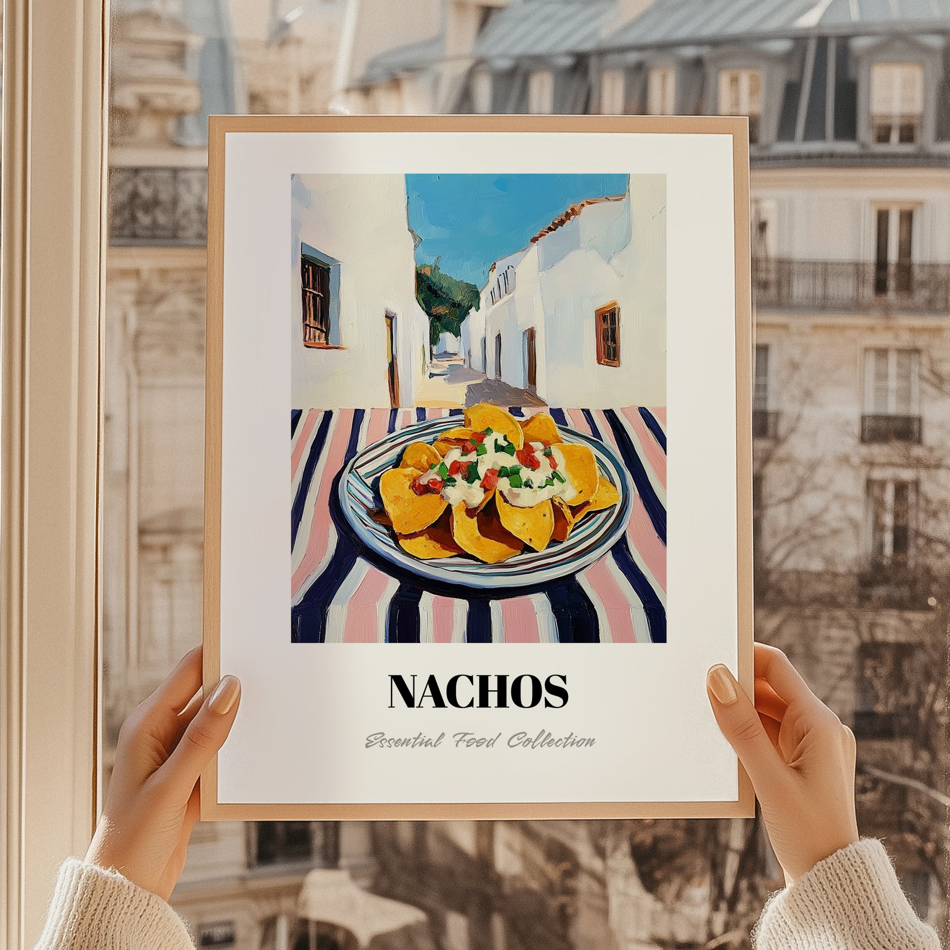 Nachos – White village Café on the Corner, Mexican Cheese Illustration, styled in a charming Paris street view