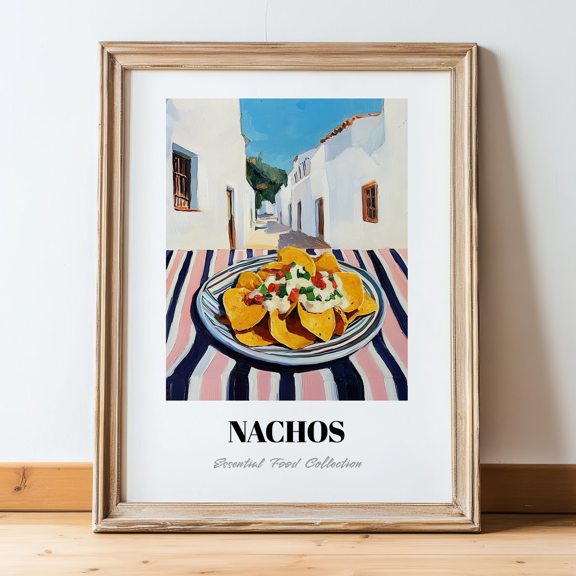 Nachos – White village Café on the Corner, Mexican Cheese Illustration, in wooden frame leaning on the floor