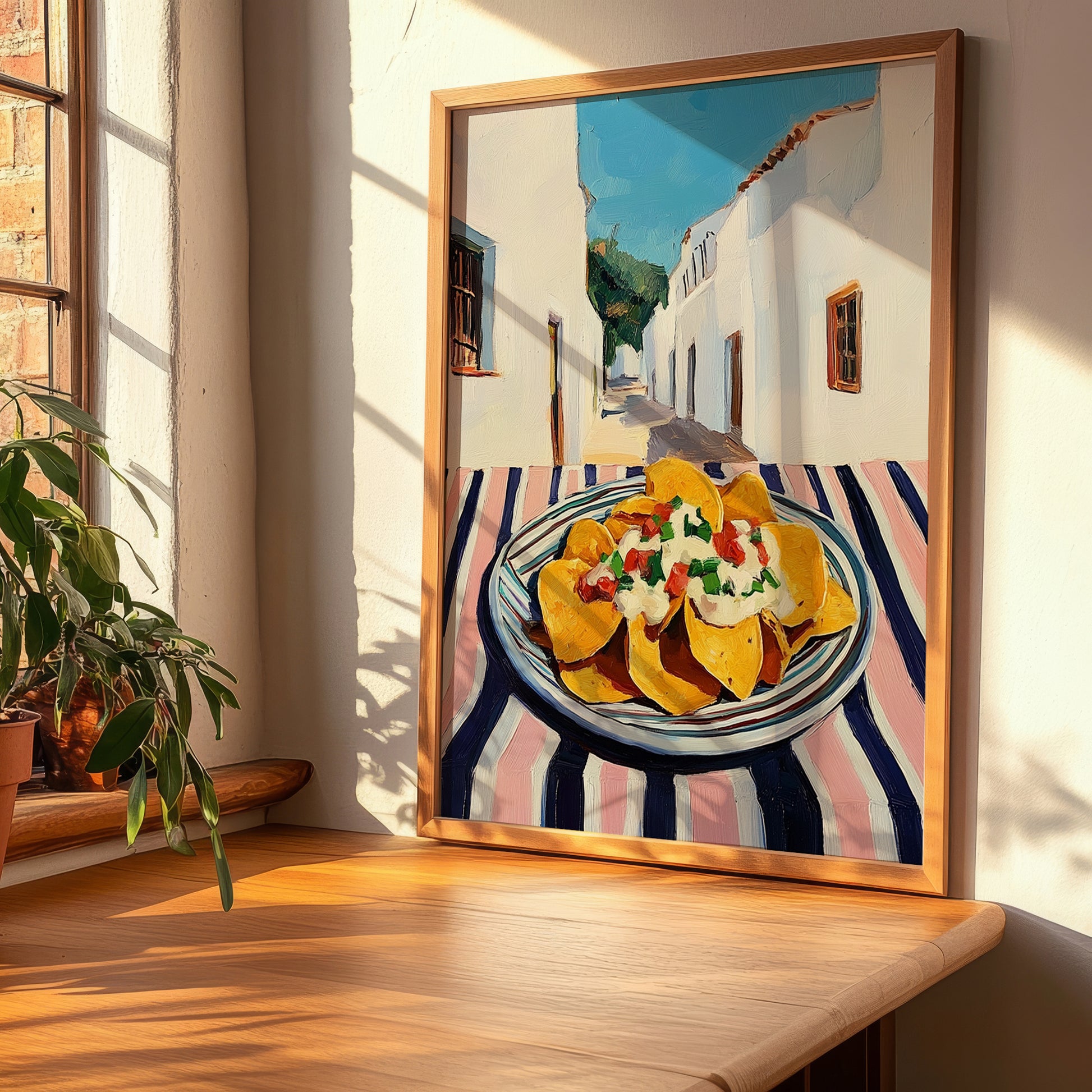 Nachos – White village Café on the Corner, Mexican Cheese Illustration, clean layout with no caption