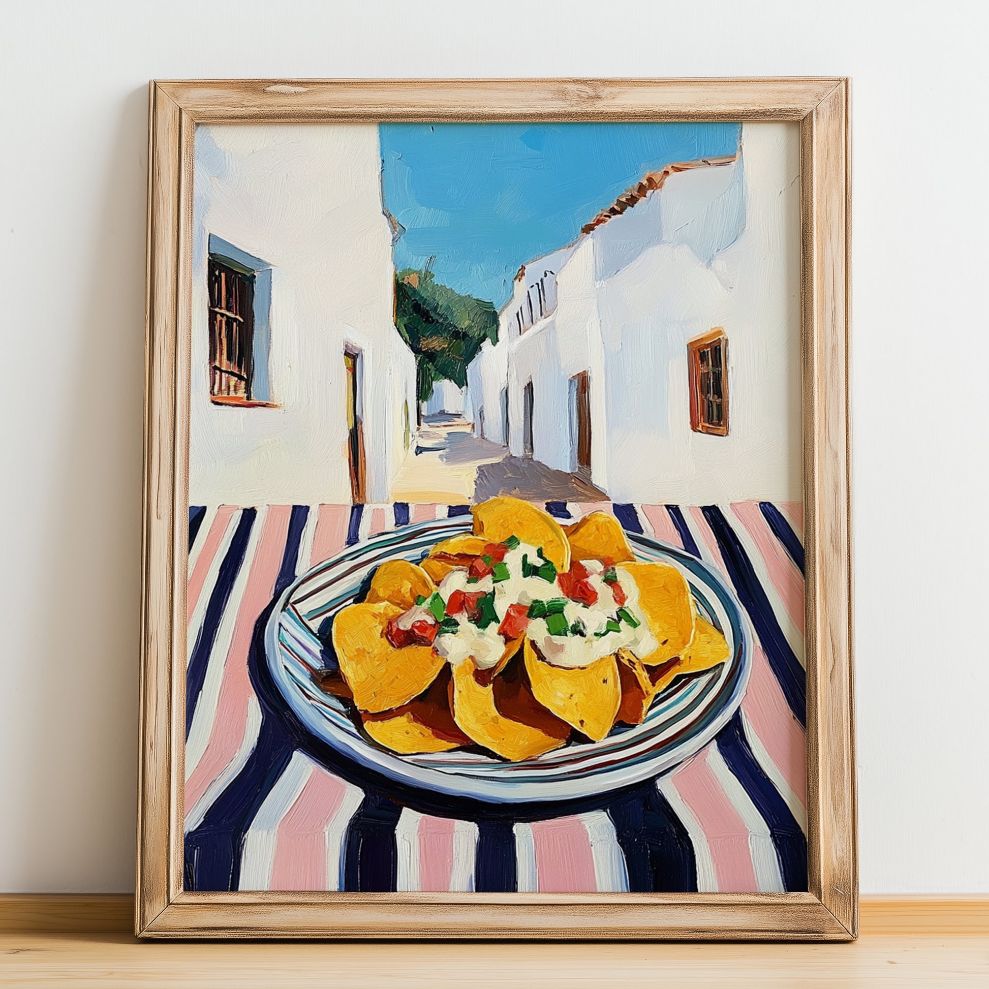 Nachos – White village Café on the Corner, Mexican Cheese Illustration, no-text version framed in wood