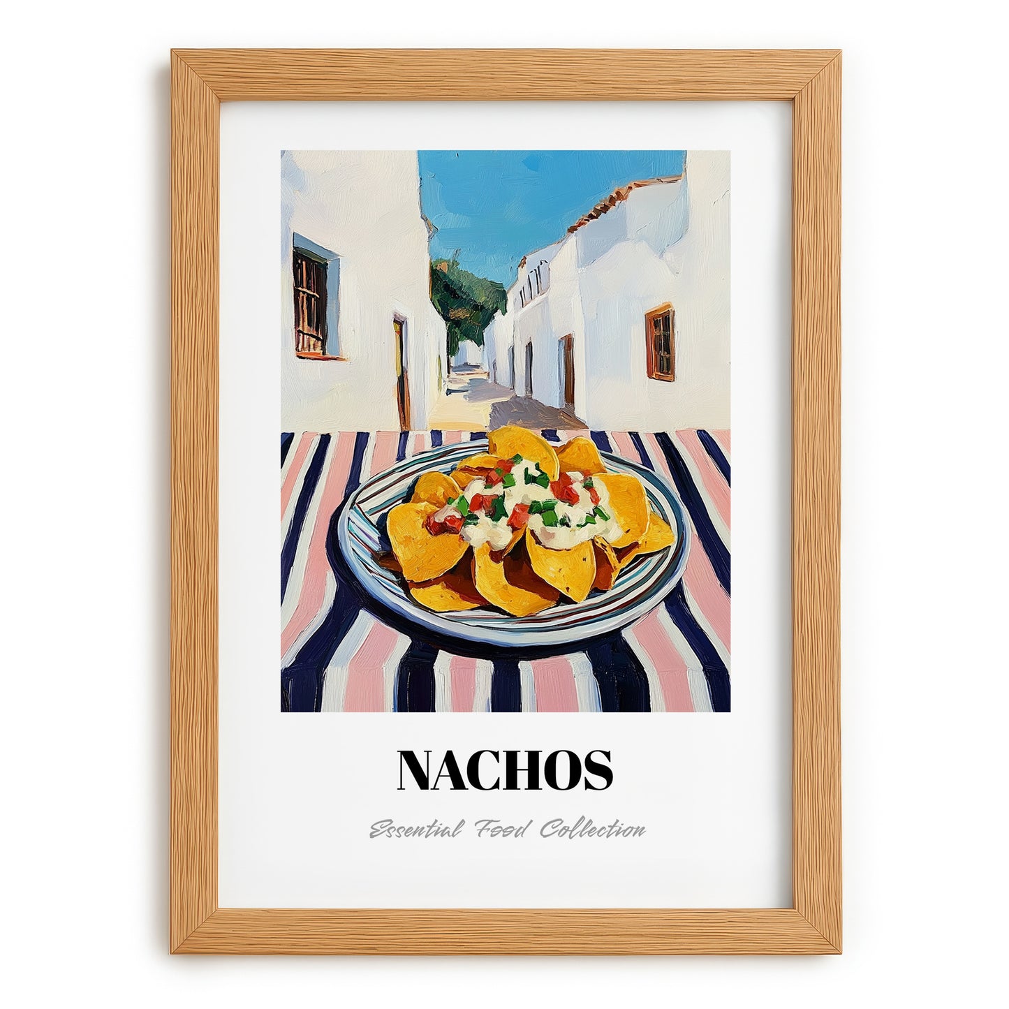 Nachos – White village Café on the Corner, Mexican Cheese Illustration, set in oak frame